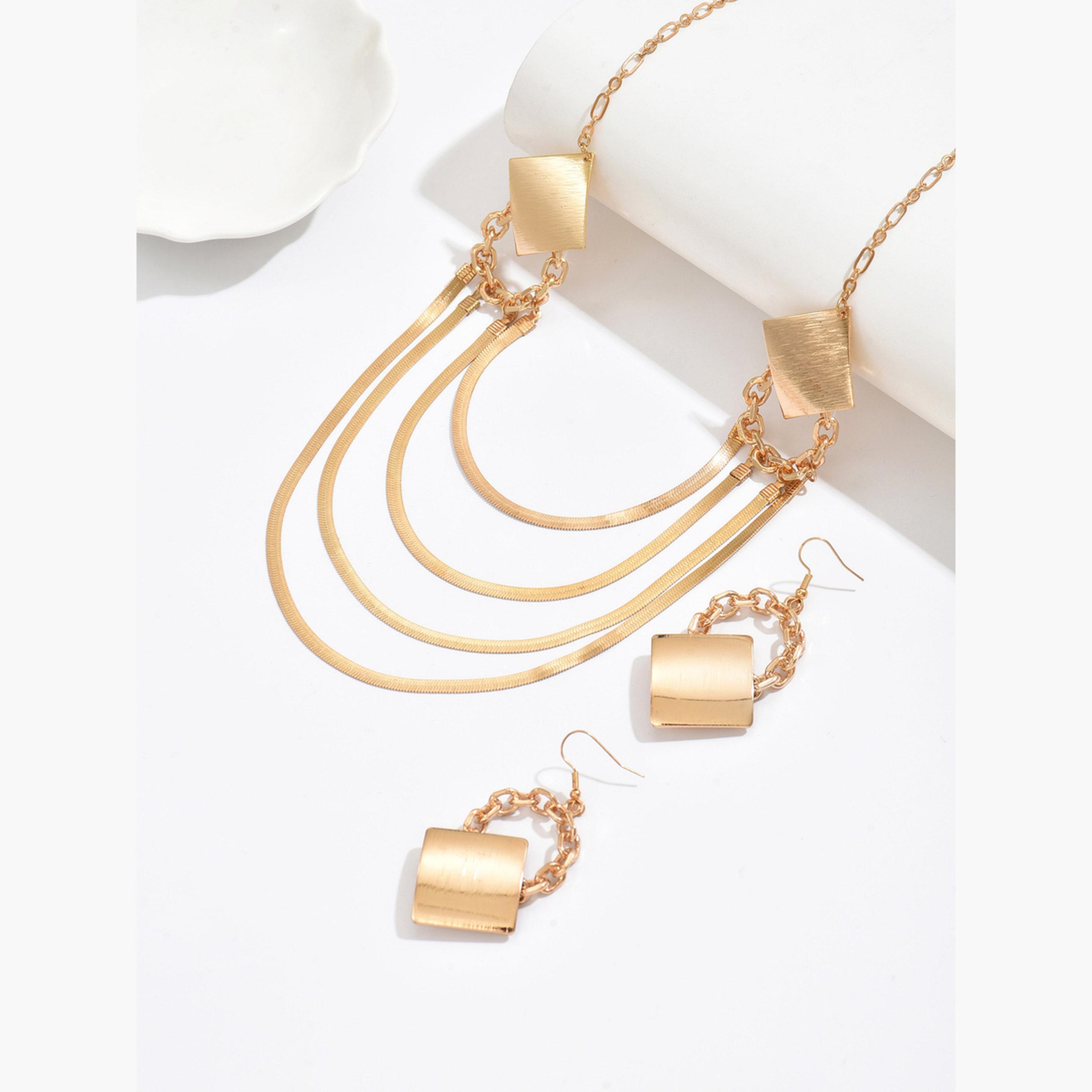تيك تو - طقم قلادة وأقراط هندسية متعددة الطبقات من الذهب-women-watchesandjewellery-jewellery-jewellerysets-image-5