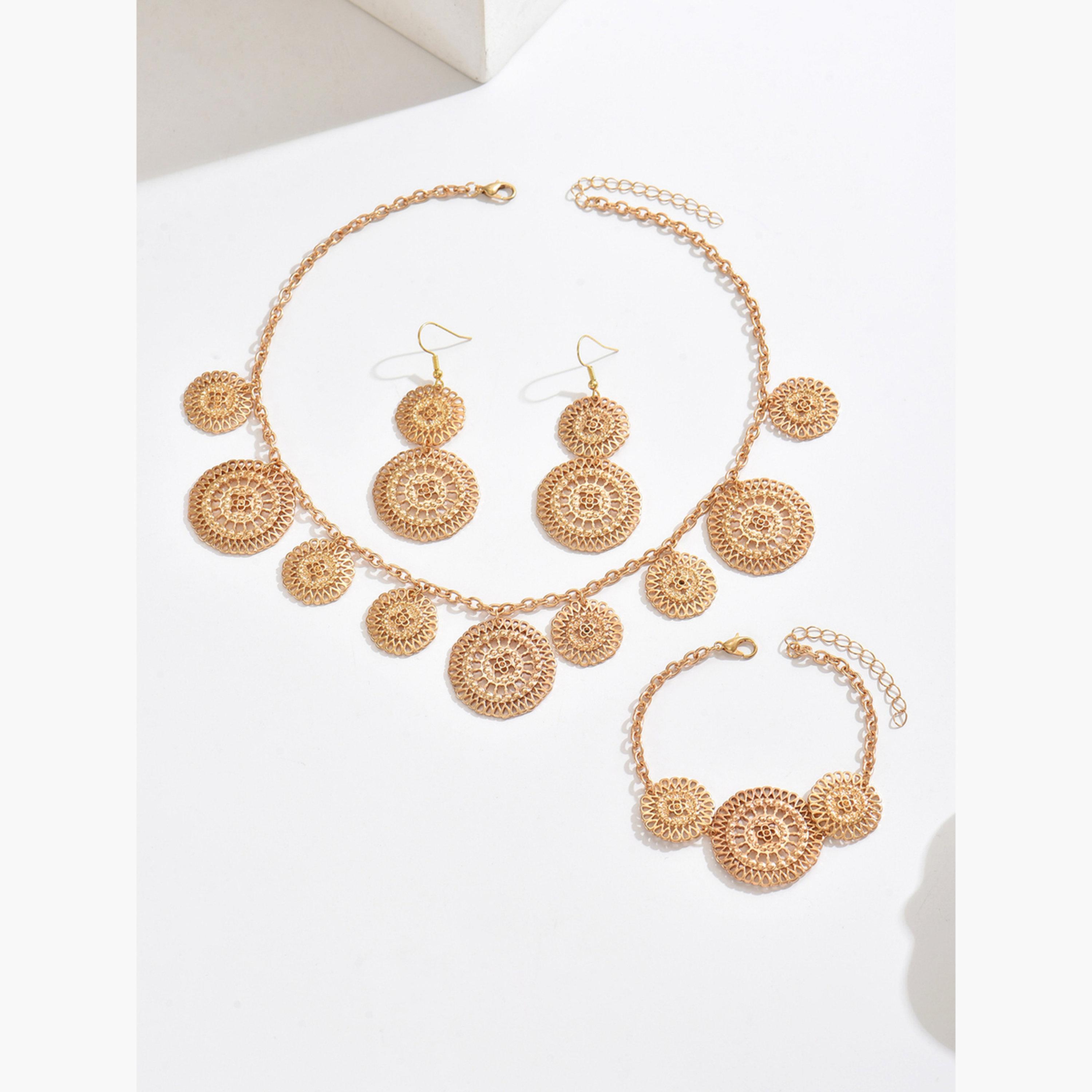 تيك تو - طقم قلادة وأقراط منحوتة دائرية مجوفة-women-watchesandjewellery-jewellery-jewellerysets-image-1
