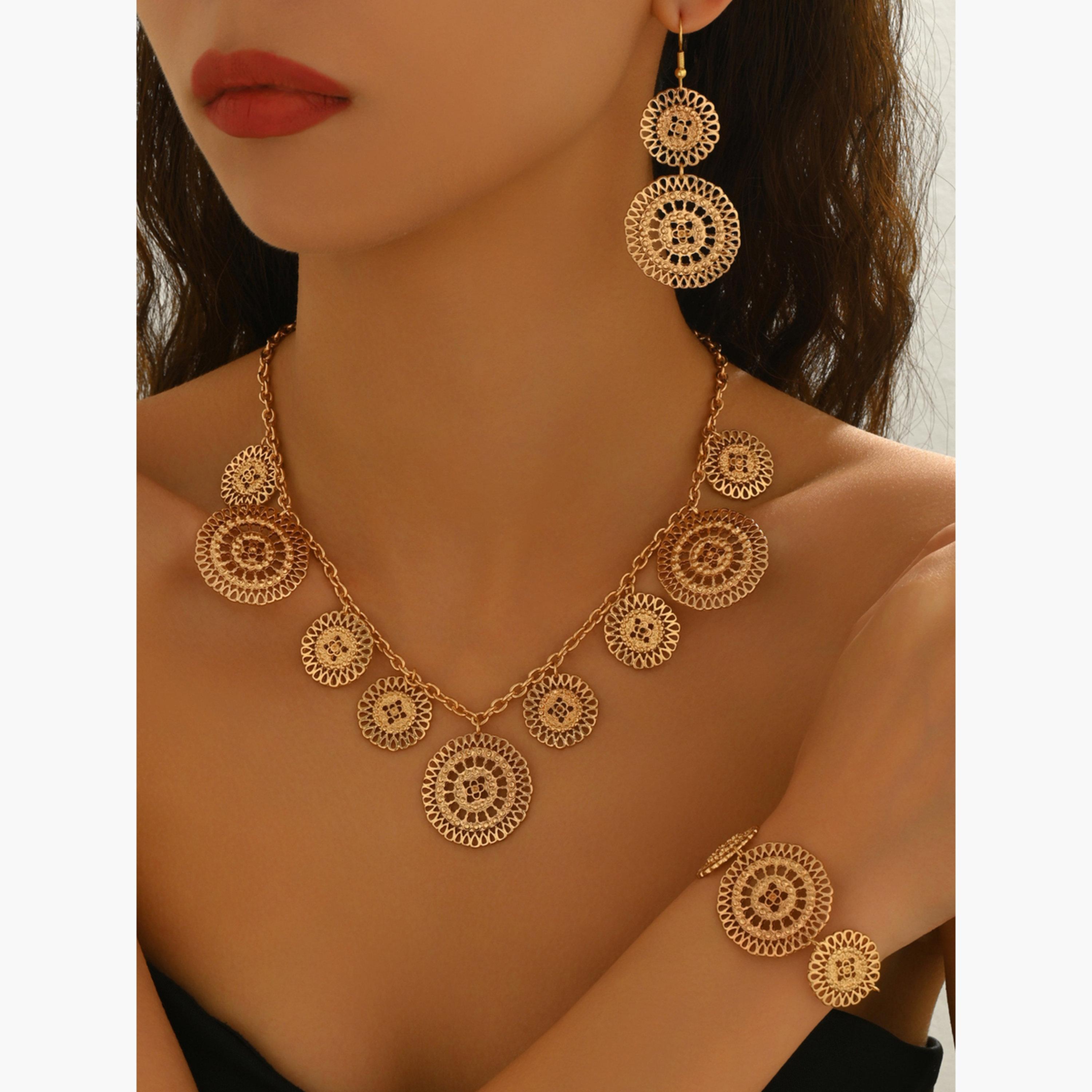 تيك تو - طقم قلادة وأقراط منحوتة دائرية مجوفة-women-watchesandjewellery-jewellery-jewellerysets-image-2