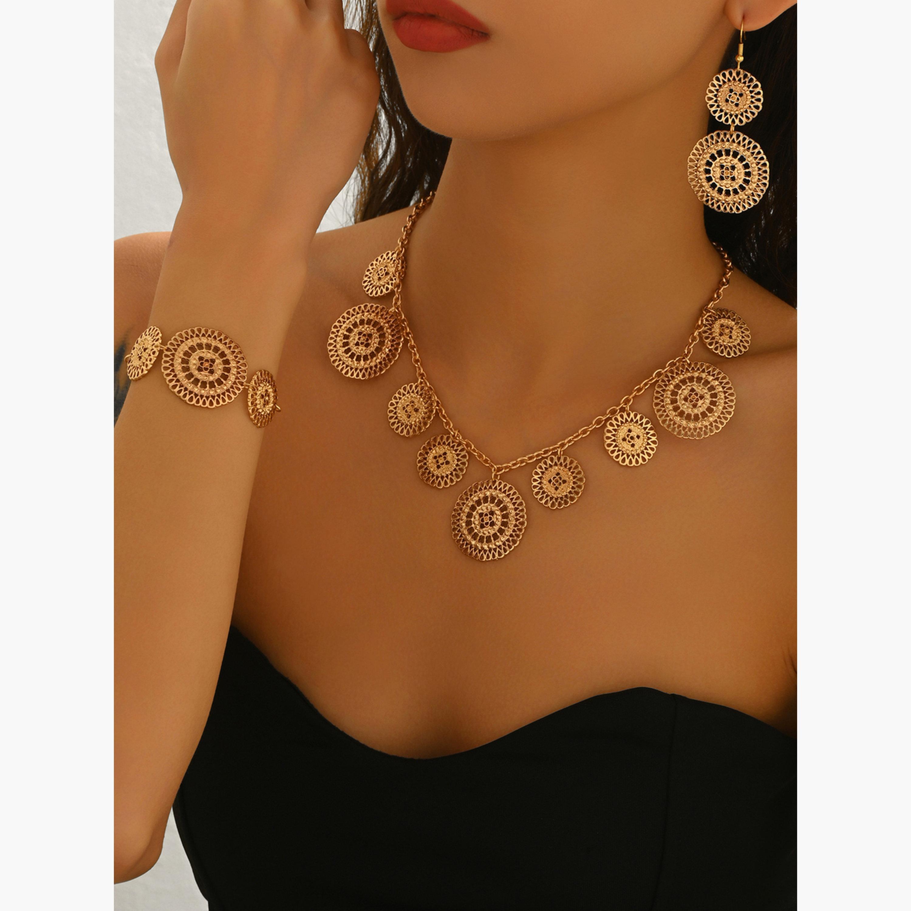 تيك تو - طقم قلادة وأقراط منحوتة دائرية مجوفة-women-watchesandjewellery-jewellery-jewellerysets-image-4