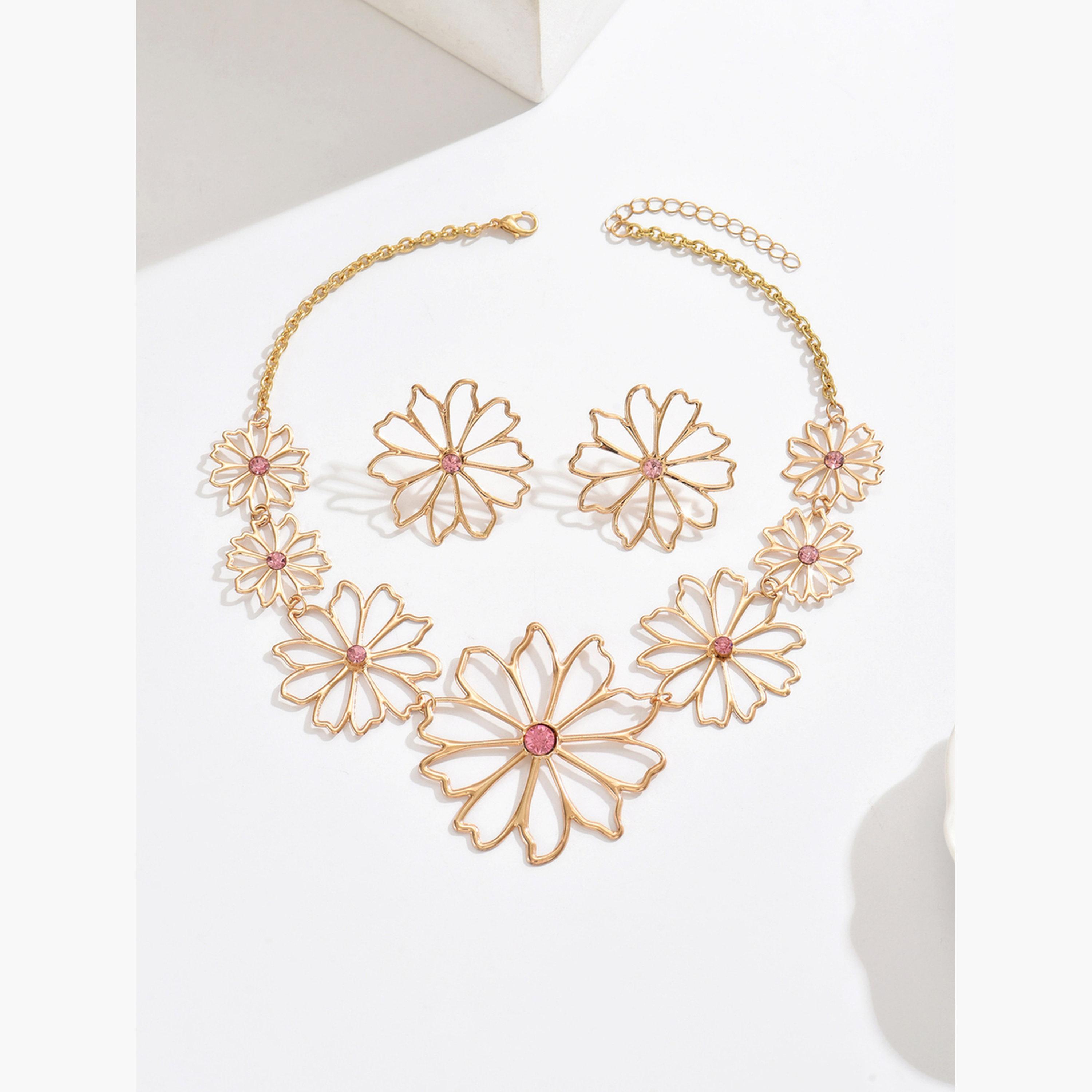 Take Two Gold Flower Necklace and Earrings Set-women-watchesandjewellery-jewellery-jewellerysets-image-1