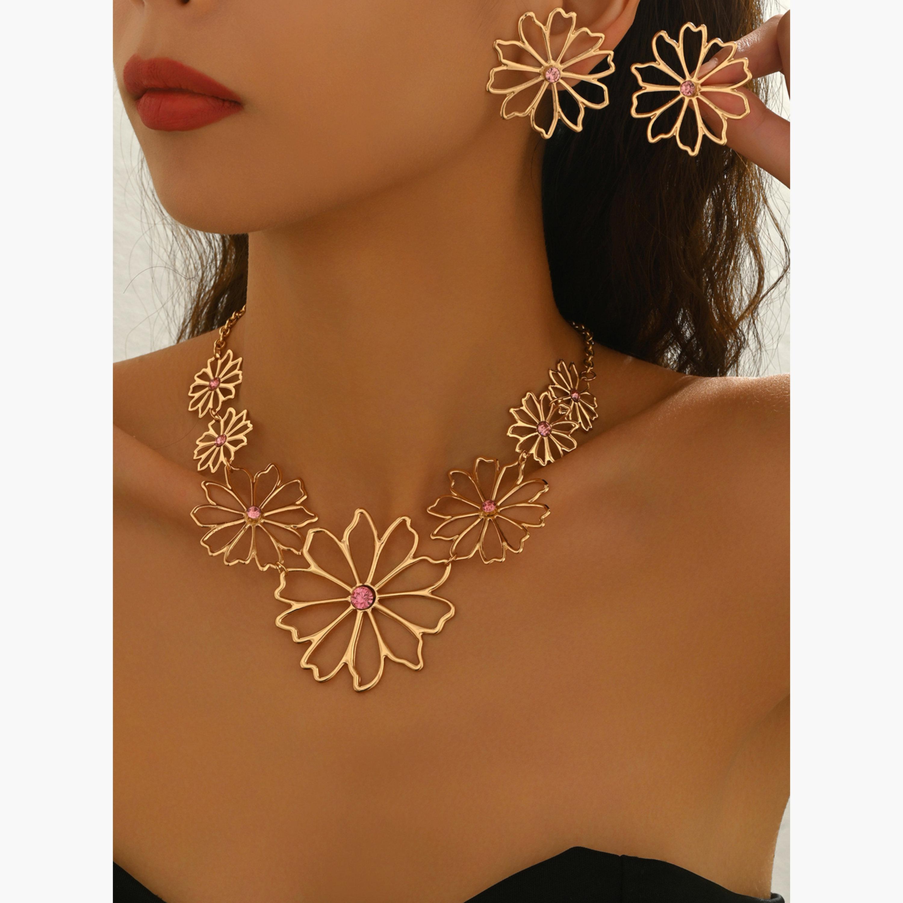 Take Two Gold Flower Necklace and Earrings Set-women-watchesandjewellery-jewellery-jewellerysets-image-2