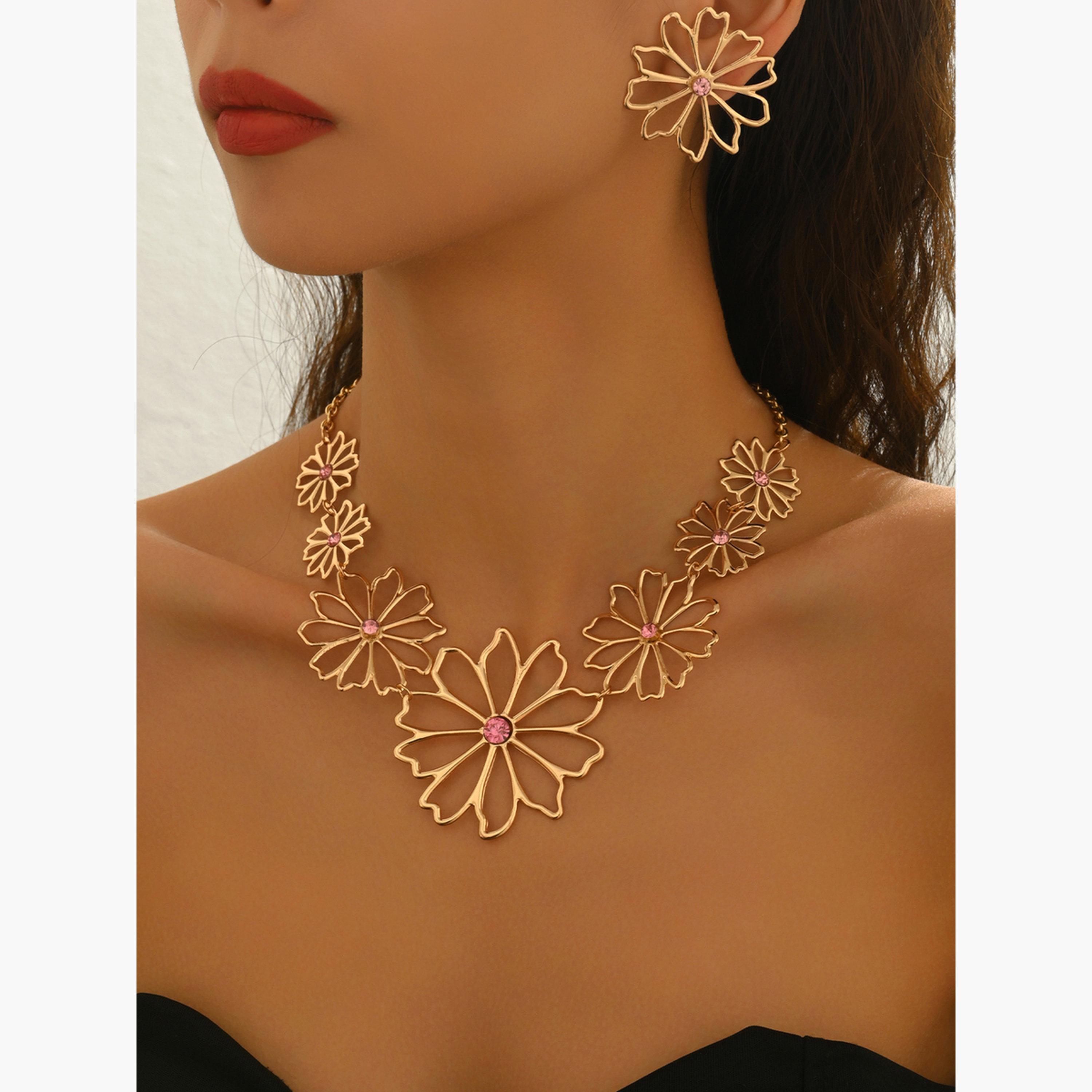 Take Two Gold Flower Necklace and Earrings Set-women-watchesandjewellery-jewellery-jewellerysets-image-3
