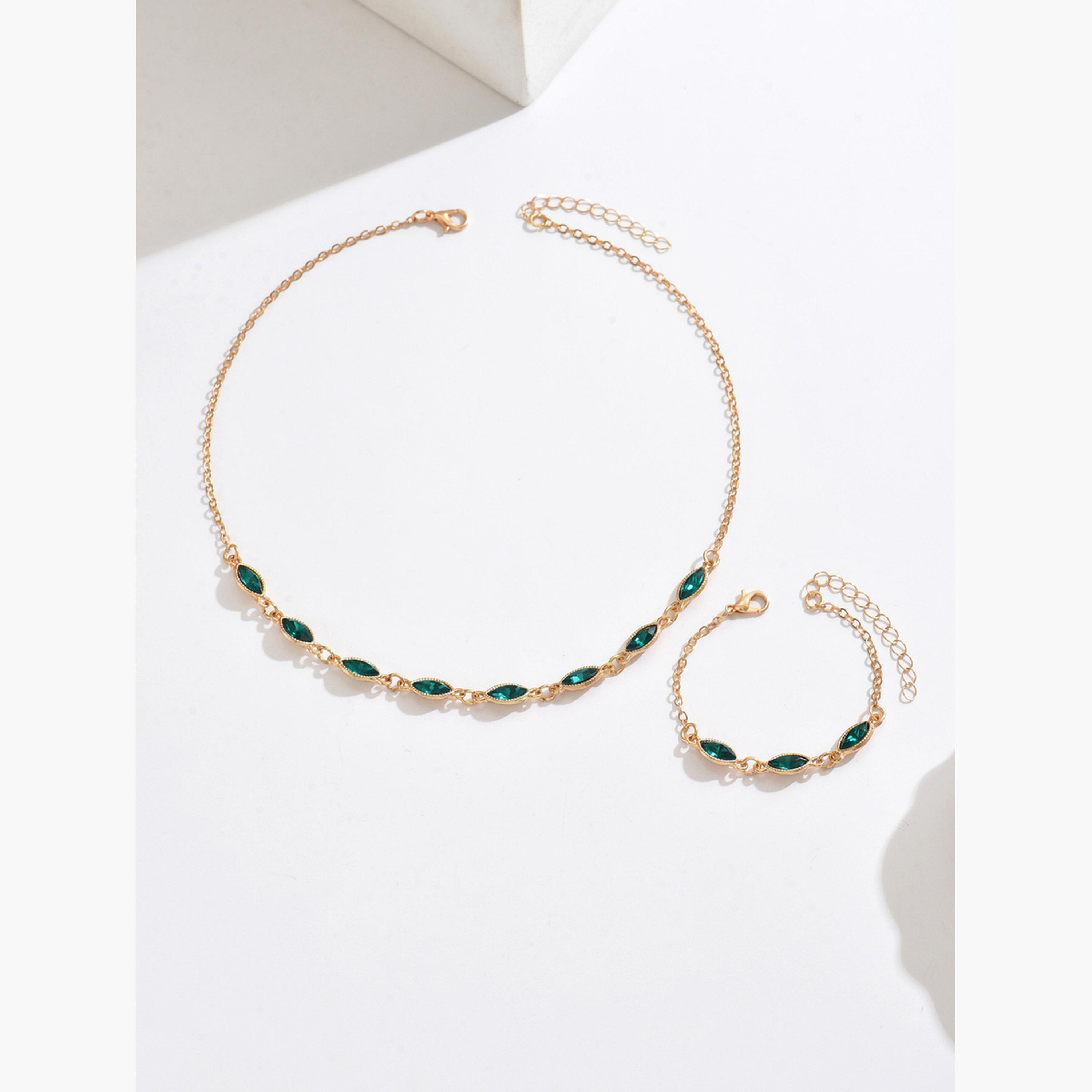 تيك تو - طقم قلادة وأسورة من أحجار الراين الخضراء-women-watchesandjewellery-jewellery-jewellerysets-image-1