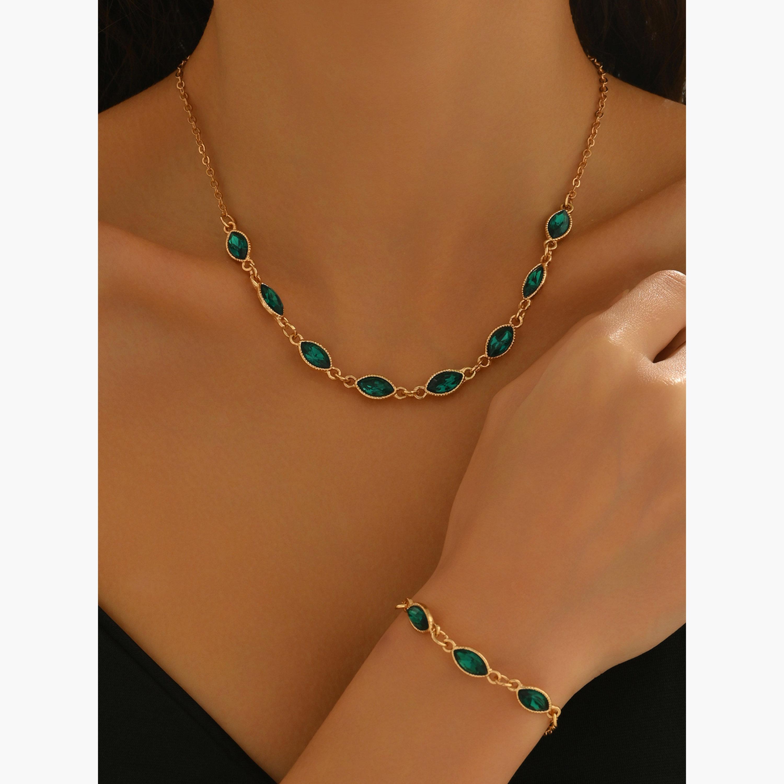 تيك تو - طقم قلادة وأسورة من أحجار الراين الخضراء-women-watchesandjewellery-jewellery-jewellerysets-image-2