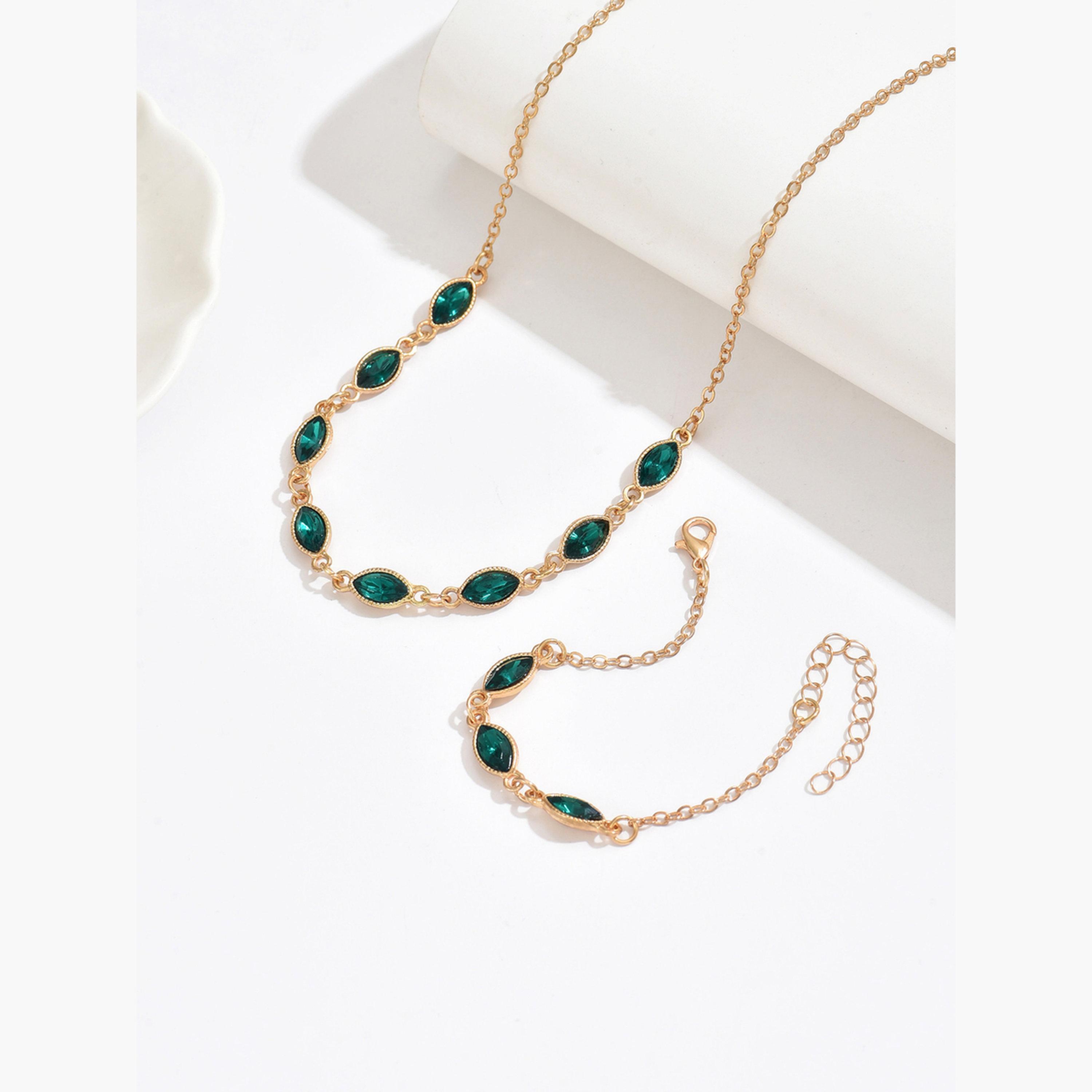 تيك تو - طقم قلادة وأسورة من أحجار الراين الخضراء-women-watchesandjewellery-jewellery-jewellerysets-image-3