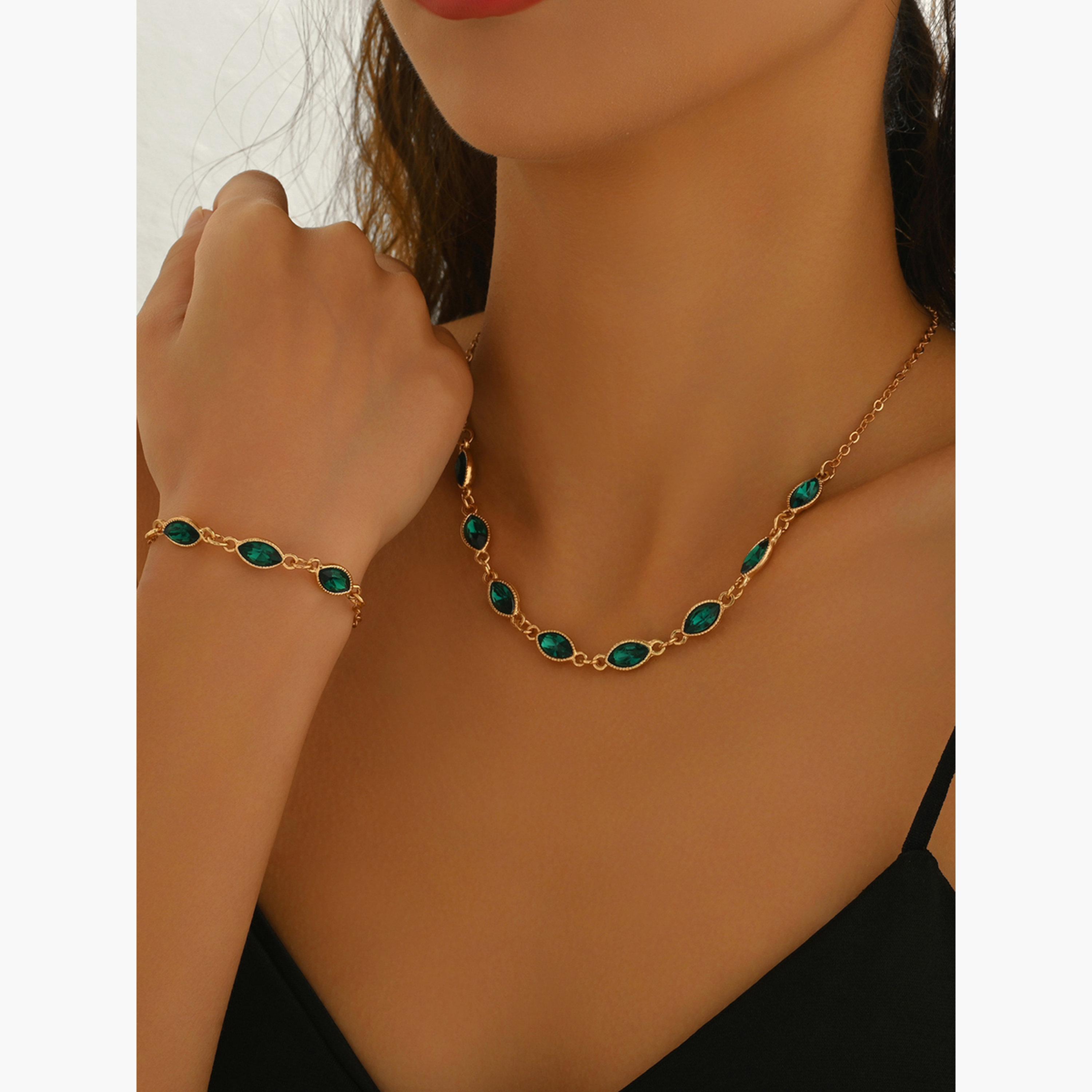 تيك تو - طقم قلادة وأسورة من أحجار الراين الخضراء-women-watchesandjewellery-jewellery-jewellerysets-image-4
