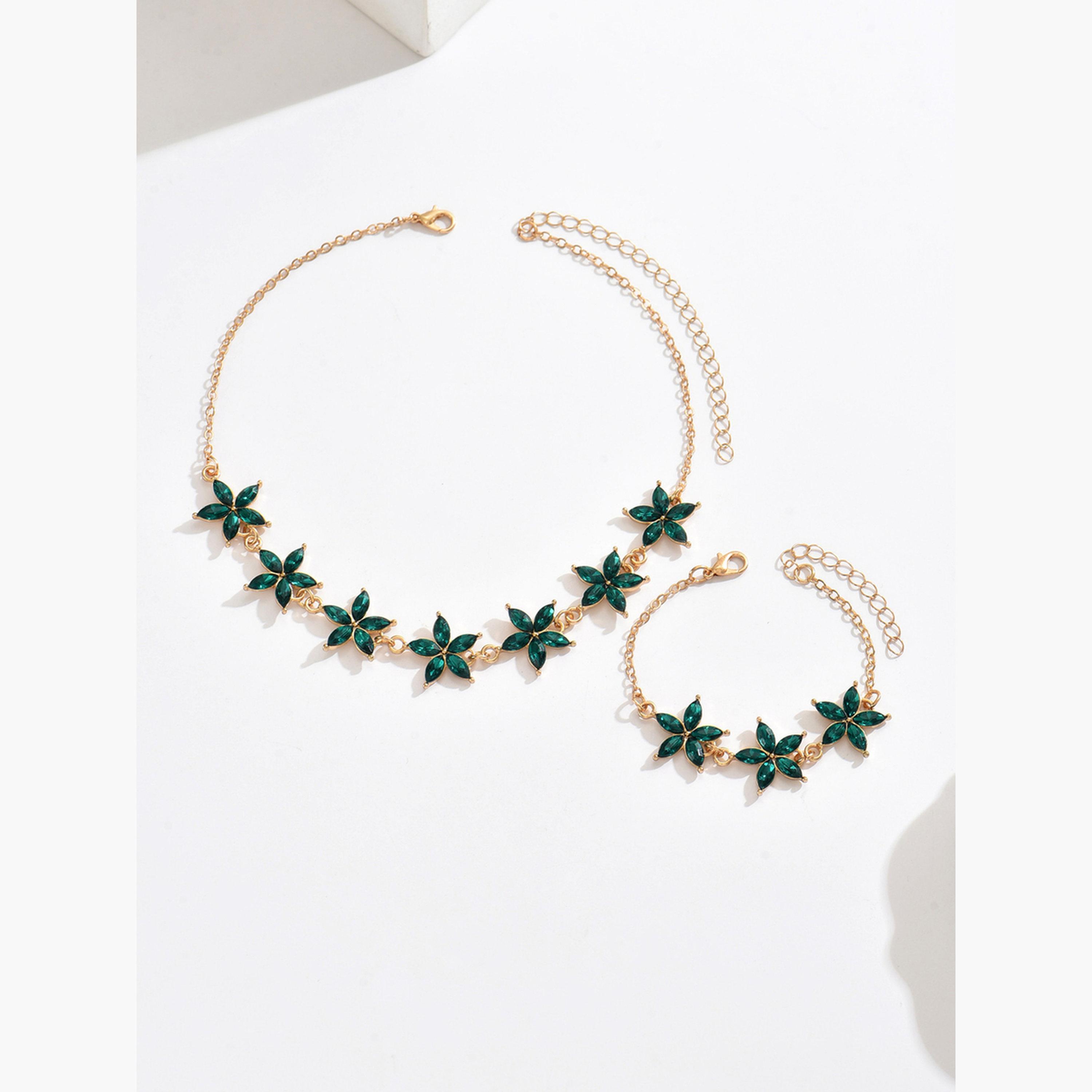 تيك تو - طقم قلادة وأسورة لون ذهبي من أحجار الراين الزهرية-women-watchesandjewellery-jewellery-jewellerysets-image-1