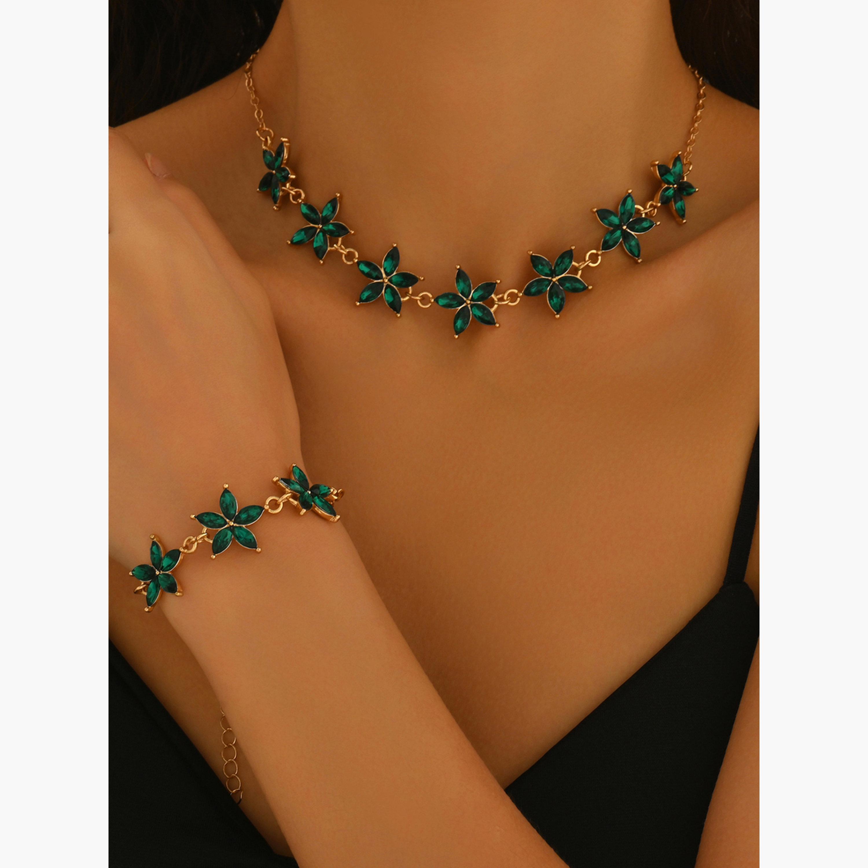 تيك تو - طقم قلادة وأسورة لون ذهبي من أحجار الراين الزهرية-women-watchesandjewellery-jewellery-jewellerysets-image-2
