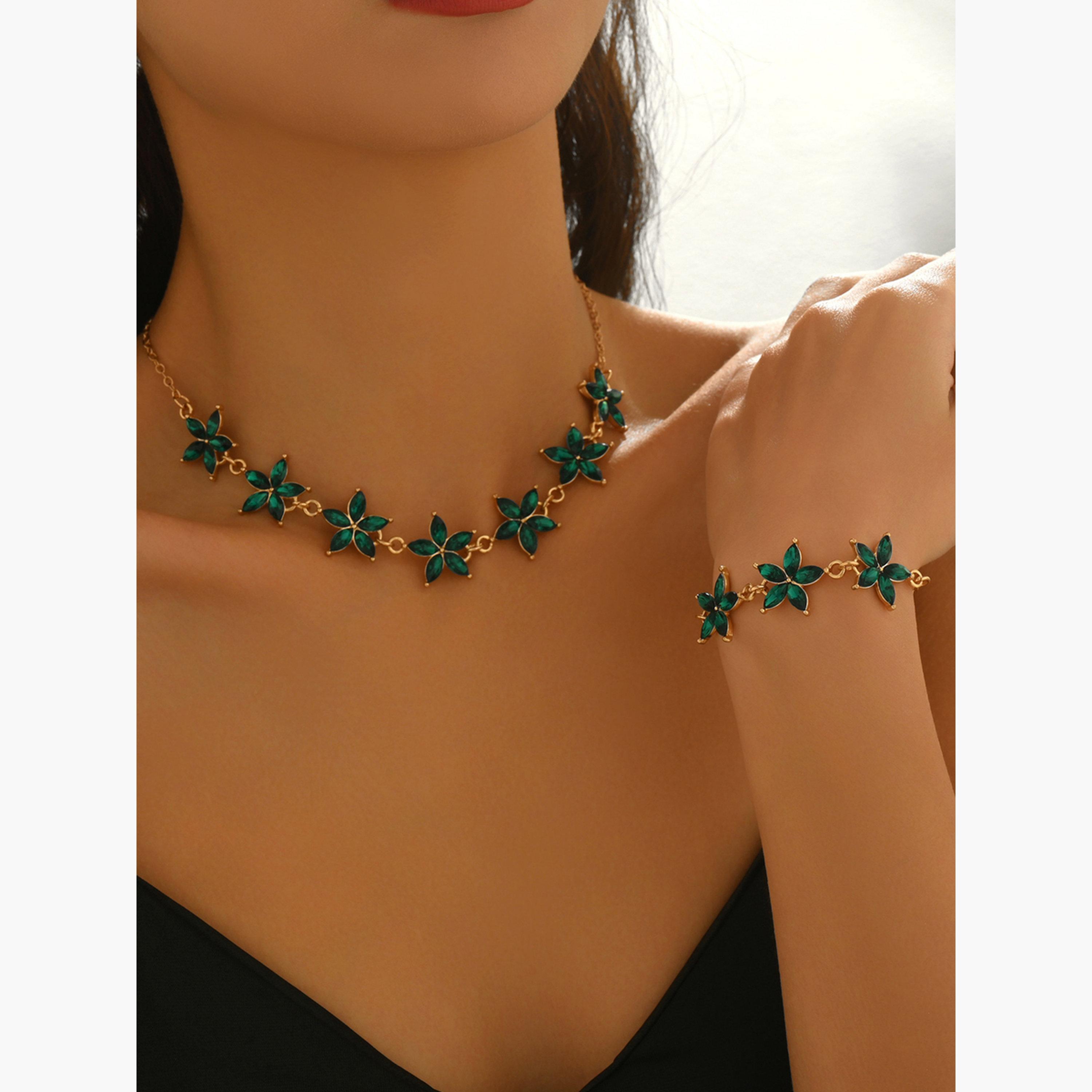 Take Two Gold Tone Floral Rhinestone Necklace and Bracelet Set-women-watchesandjewellery-jewellery-jewellerysets-image-3