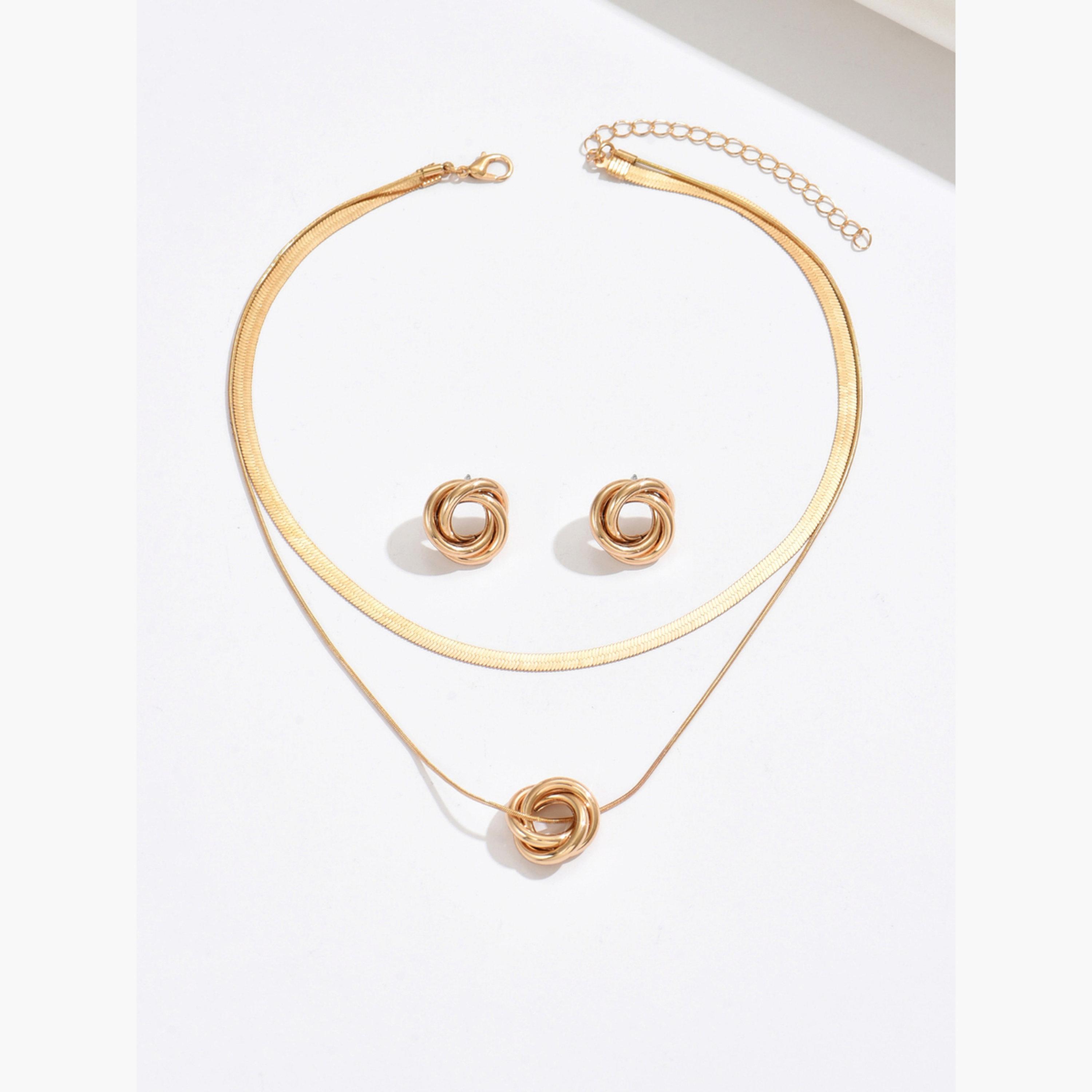 تيك تو - طقم قلادة وأقراط من طبقات لون ذهبي-women-watchesandjewellery-jewellery-jewellerysets-image-1