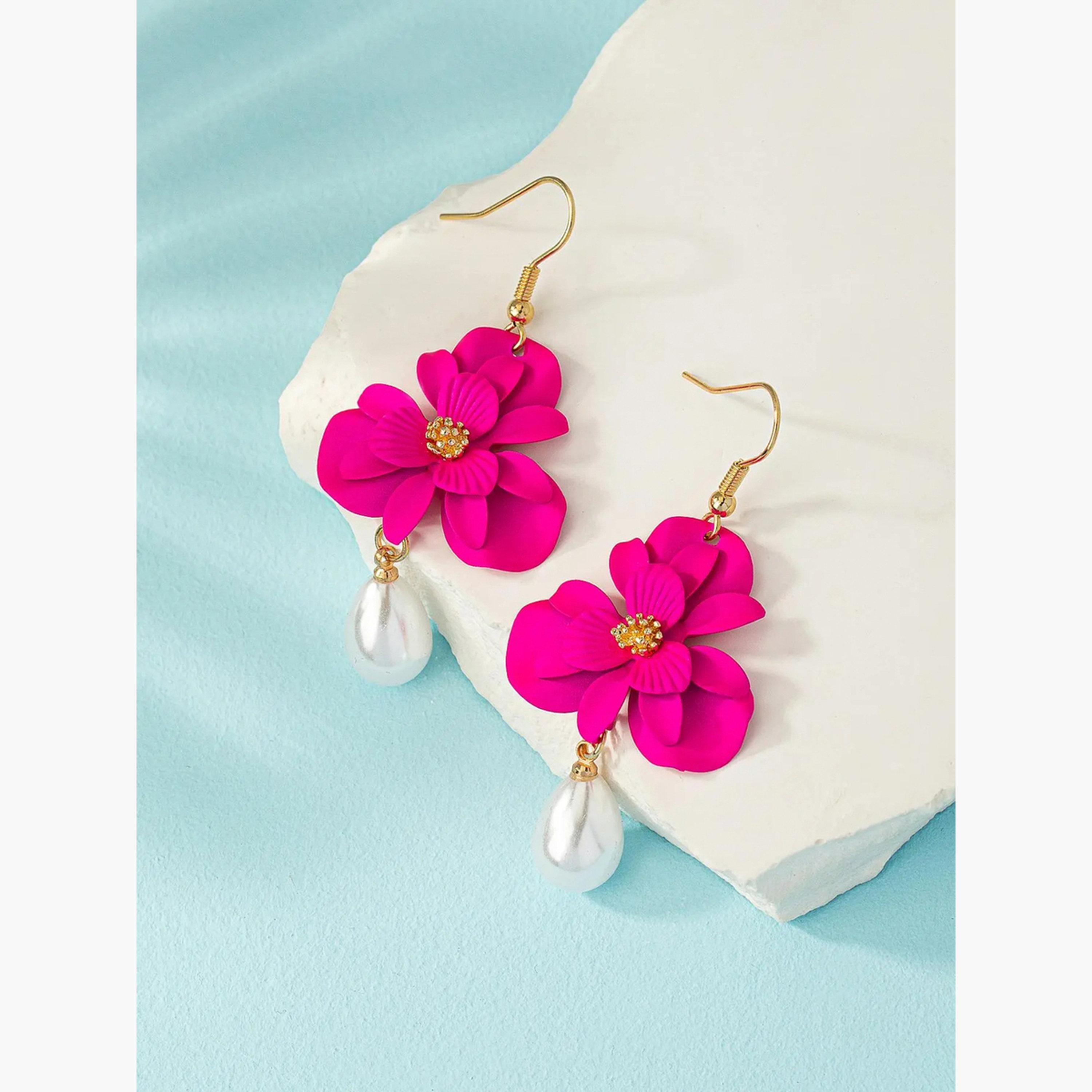 Take Two Women's 3D Flower Faux Pearl Dangle Earrings-women-watchesandjewellery-jewellery-earrings-image-3
