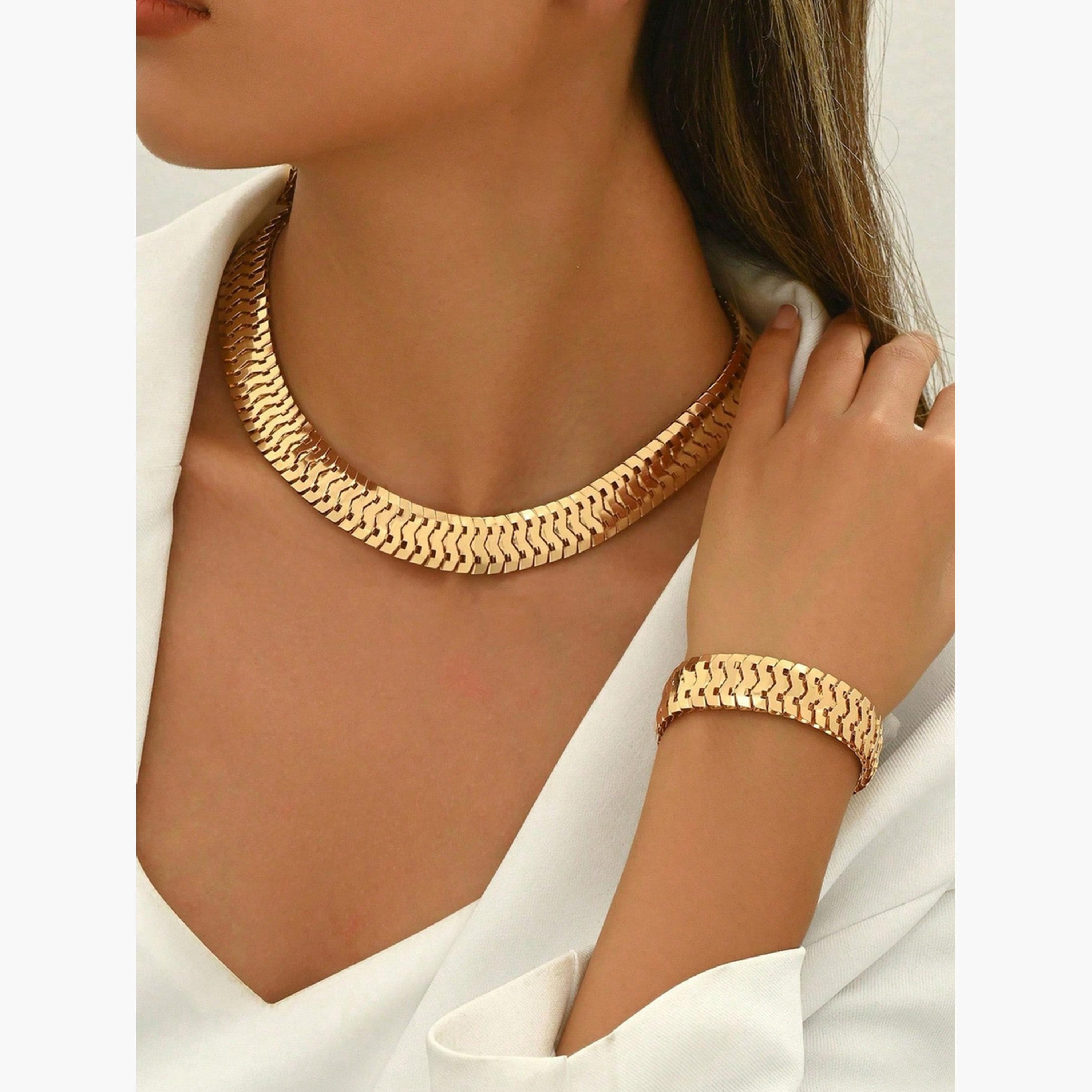 Take Two Women Gold Herringbone Necklace and Bracelet Set-women-watchesandjewellery-jewellery-jewellerysets-image-2