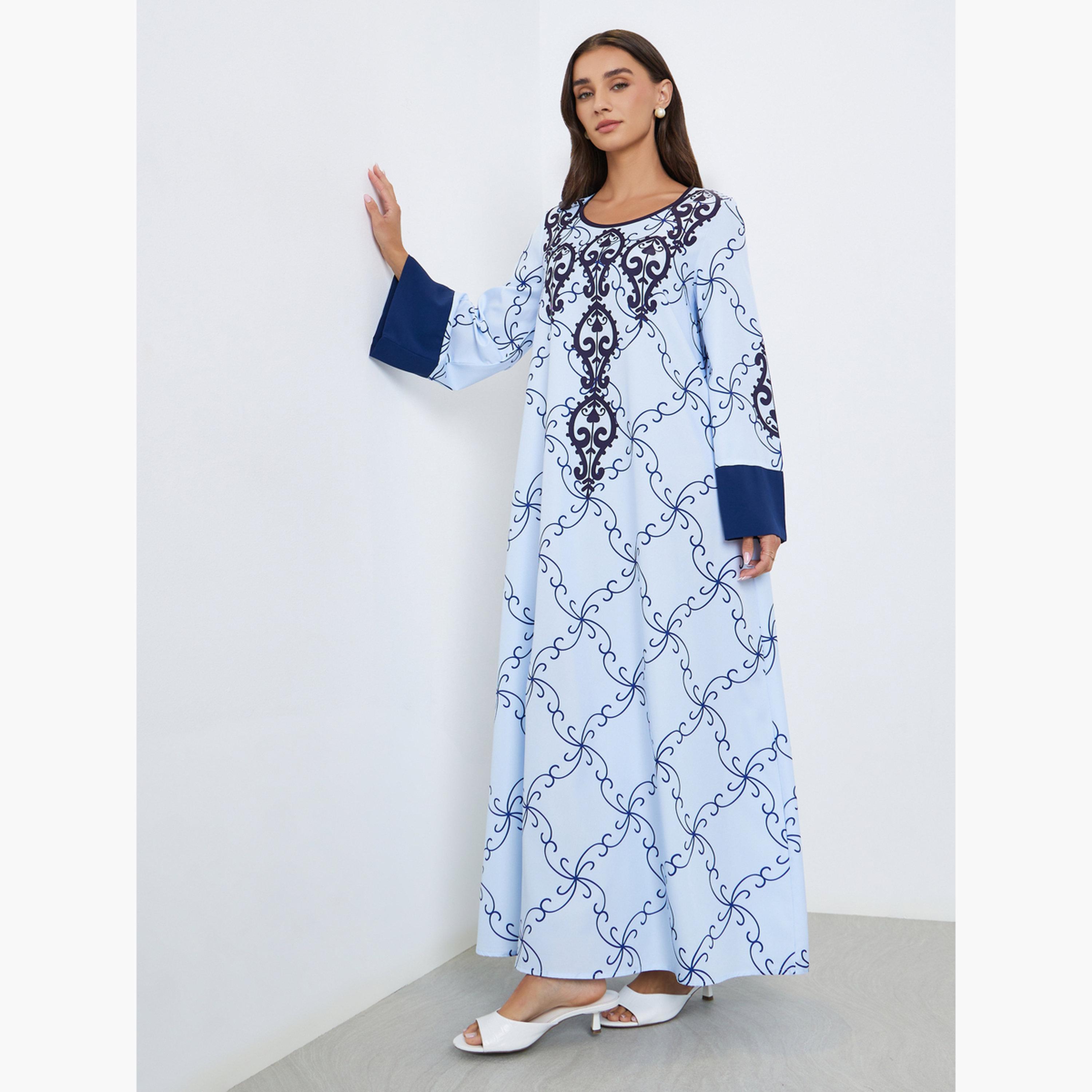 Styli All Over Print Long Sleeve Jalabiya-women-arabicclothing-jalabiyas-image-1