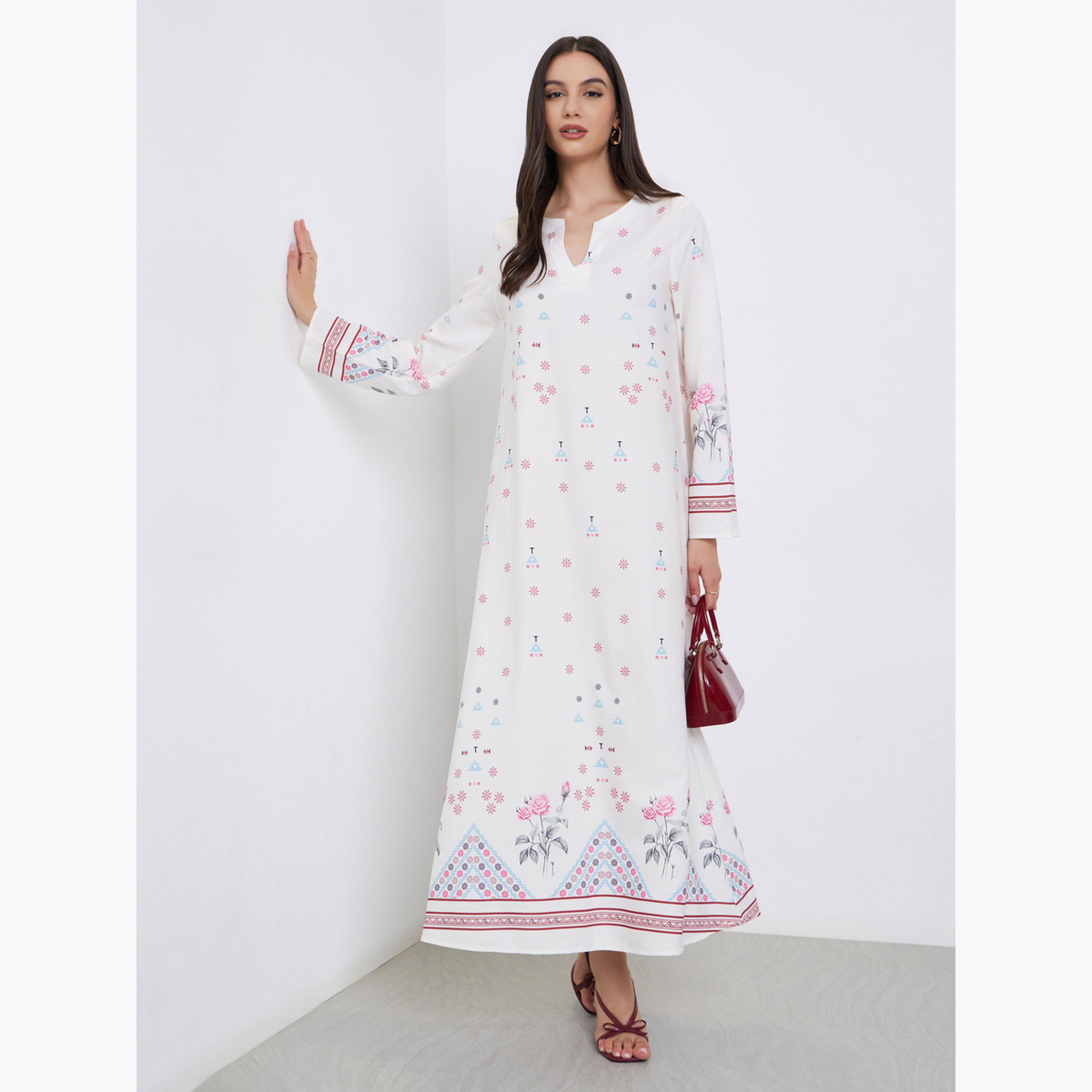 Styli White All Over Print Long Sleeves Jalabiya-women-arabicclothing-jalabiyas-image-1