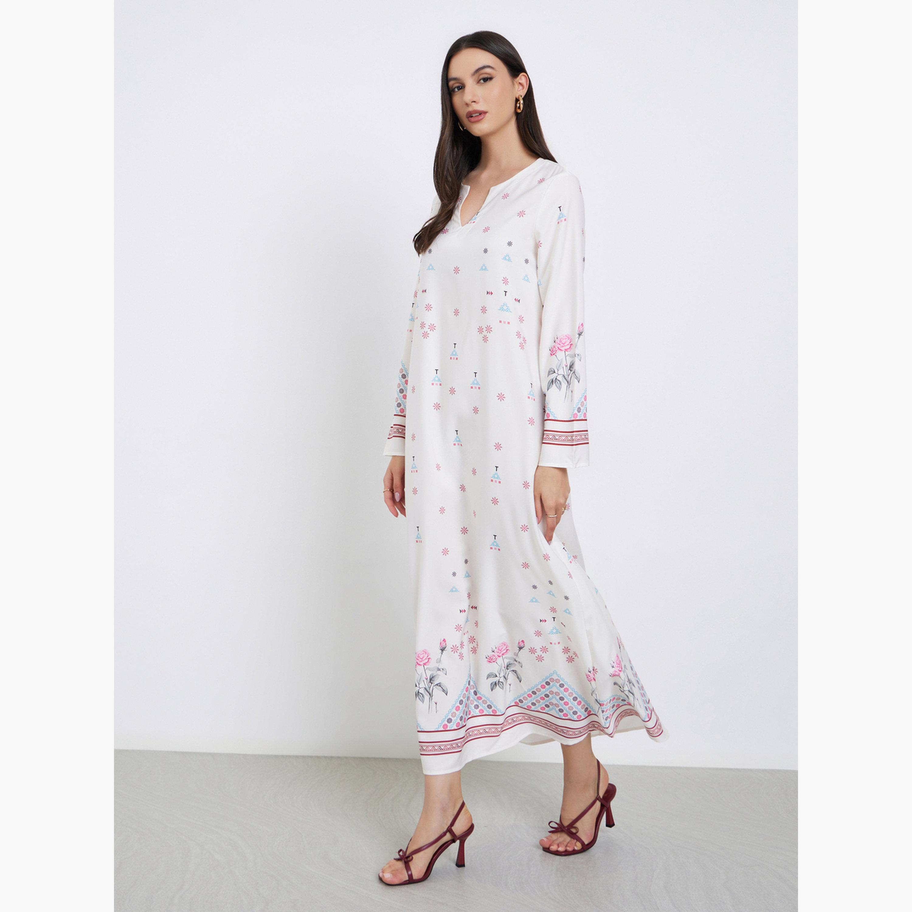 Styli White All Over Print Long Sleeves Jalabiya-women-arabicclothing-jalabiyas-image-2