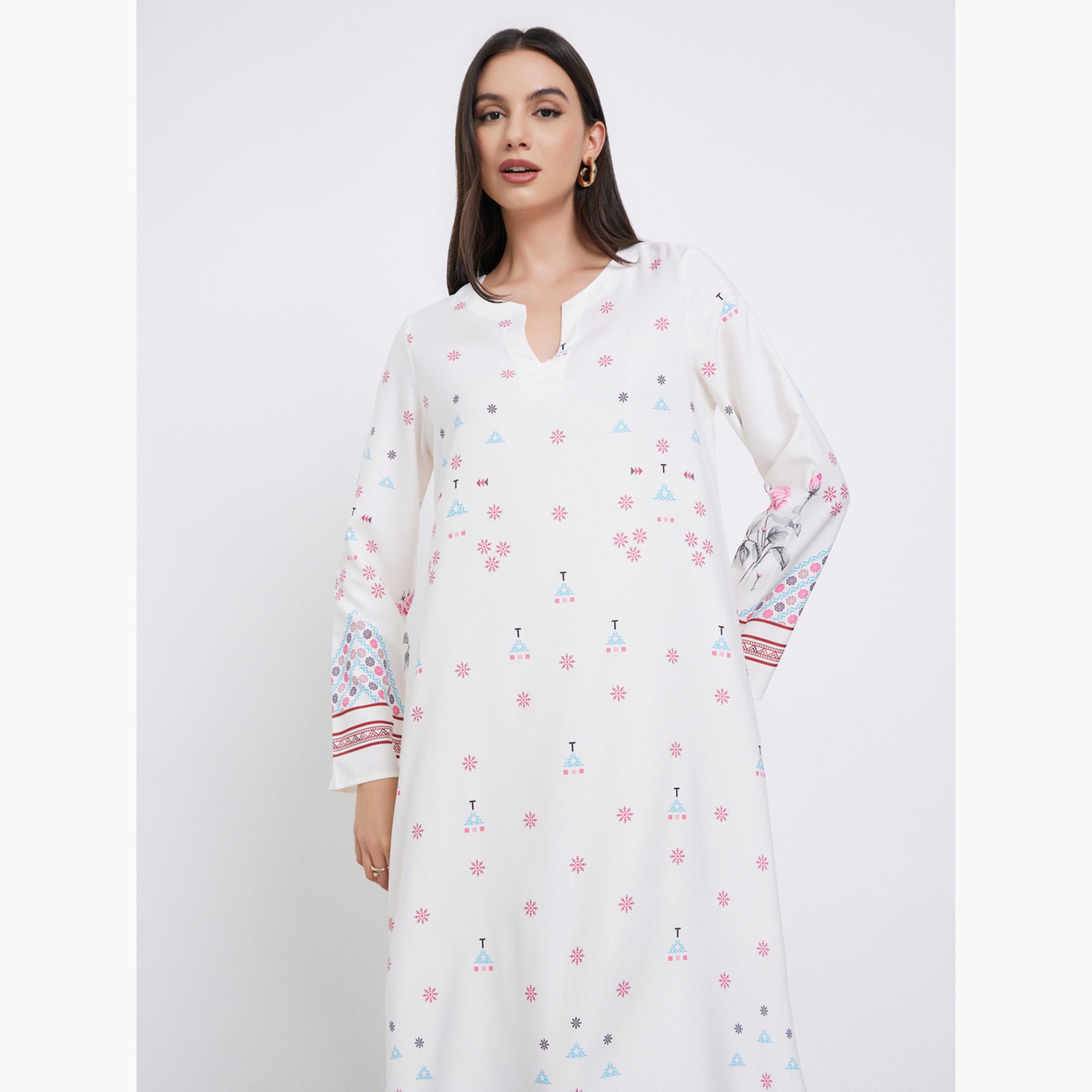 Styli White All Over Print Long Sleeves Jalabiya-women-arabicclothing-jalabiyas-image-3