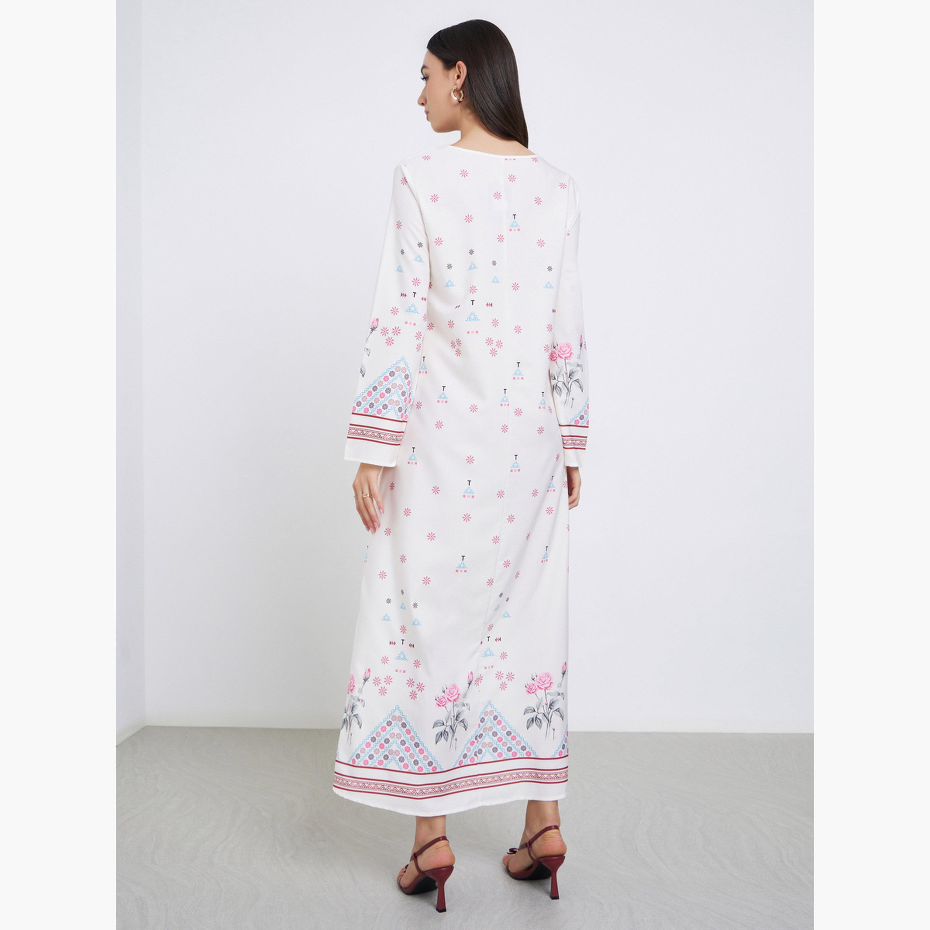 Styli White All Over Print Long Sleeves Jalabiya-women-arabicclothing-jalabiyas-image-4