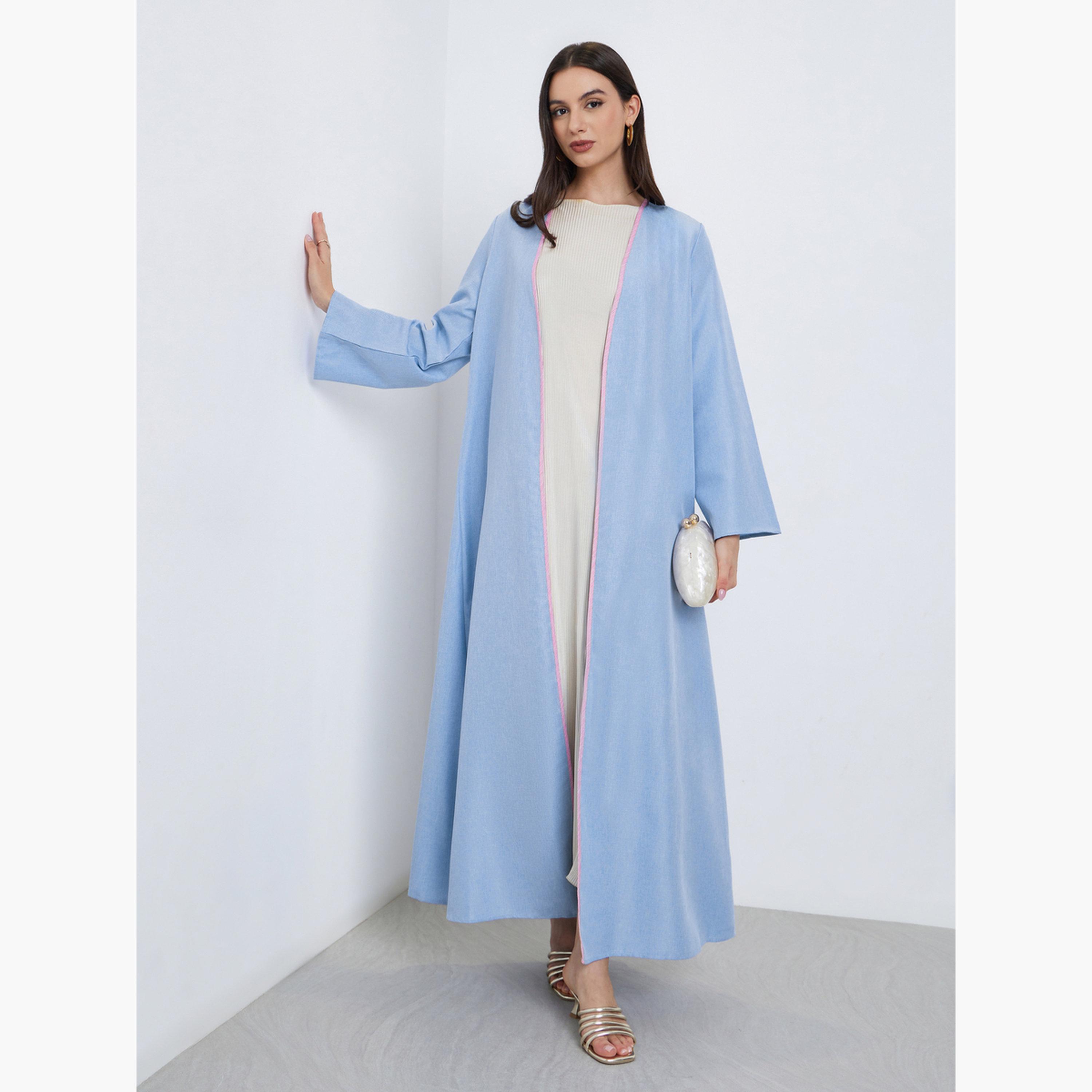 Styli Blue Contrast Trim Front Open Abaya-women-arabicclothing-abayas-image-1
