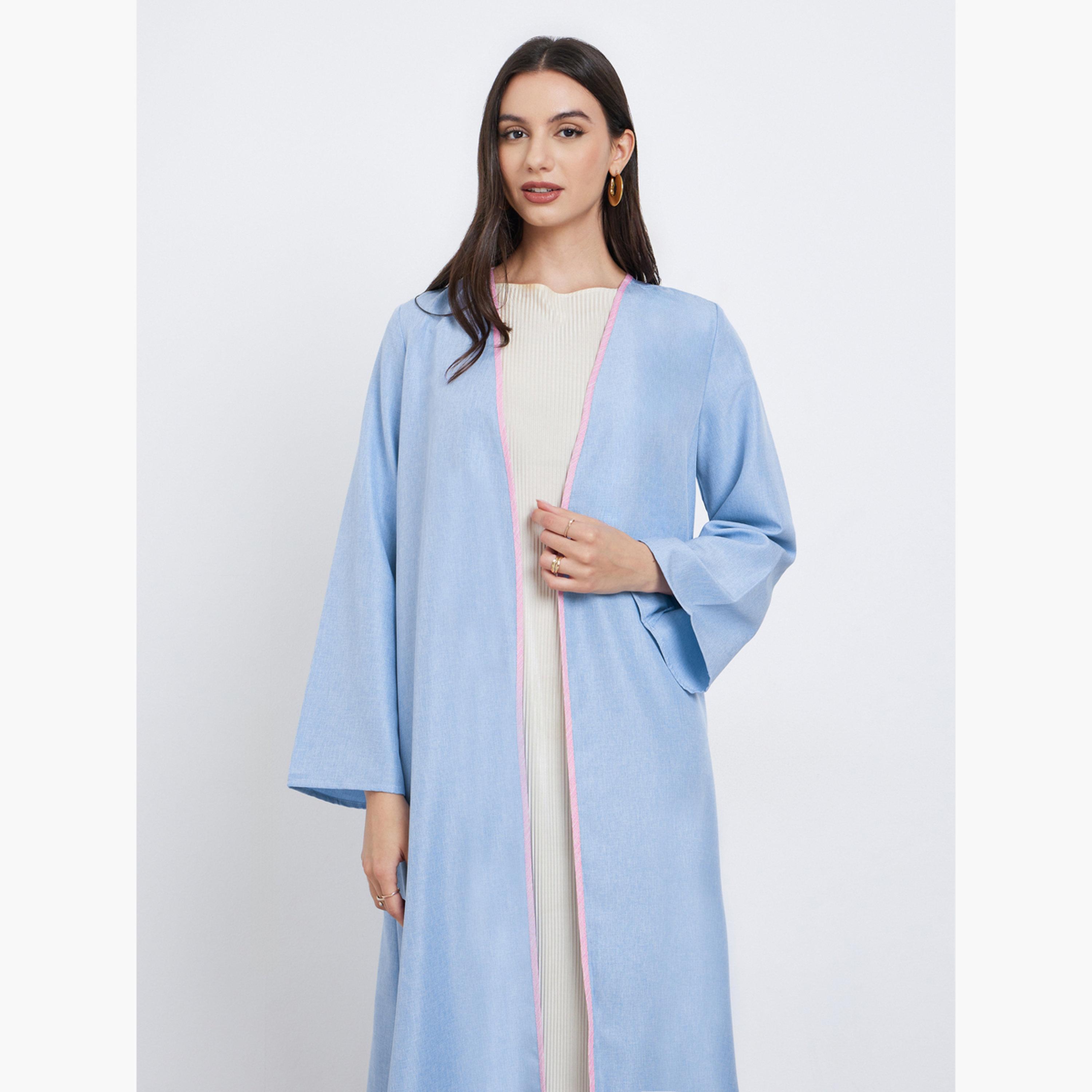 Styli Blue Contrast Trim Front Open Abaya-women-arabicclothing-abayas-image-2