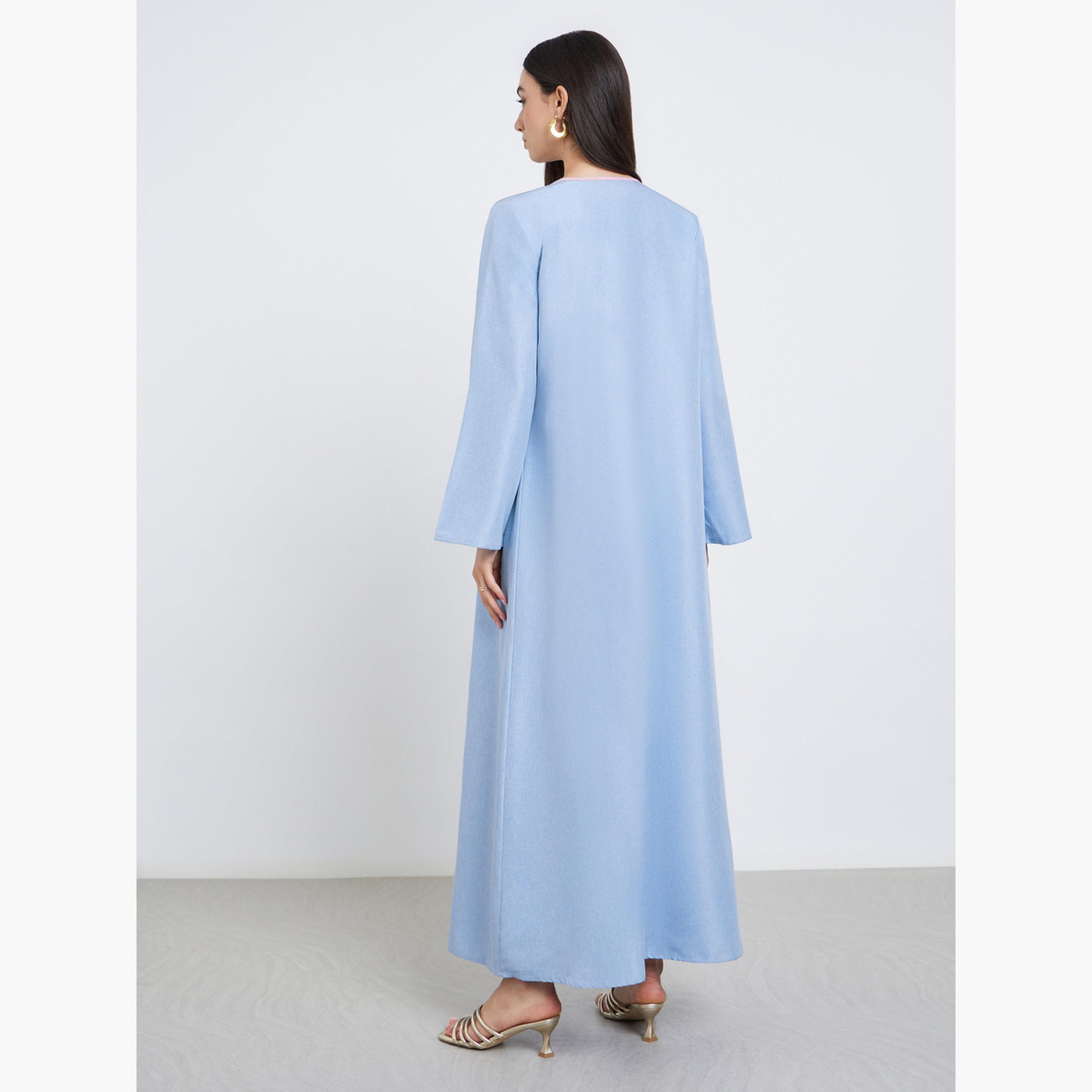 Styli Blue Contrast Trim Front Open Abaya-women-arabicclothing-abayas-image-3