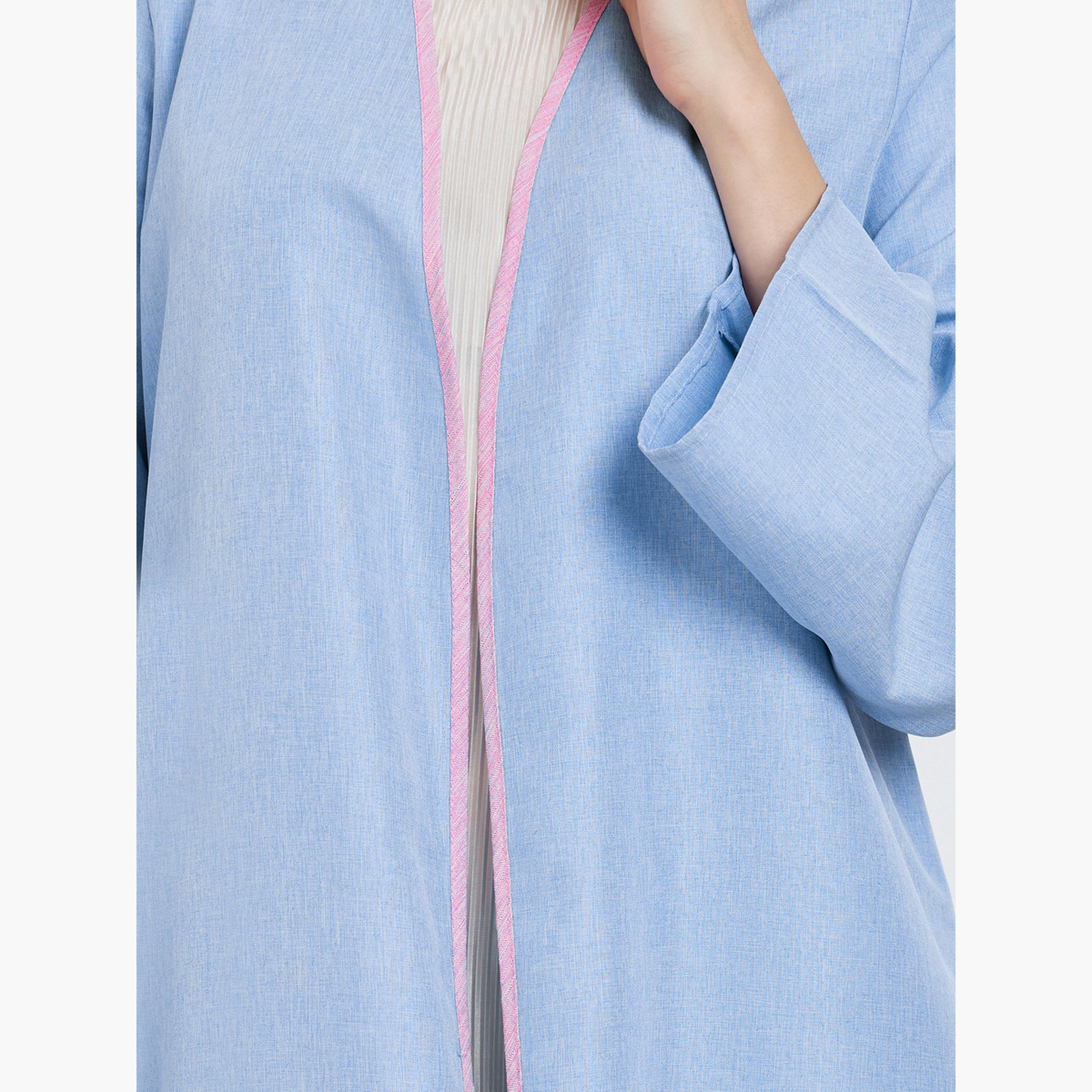 Styli Blue Contrast Trim Front Open Abaya-women-arabicclothing-abayas-image-4