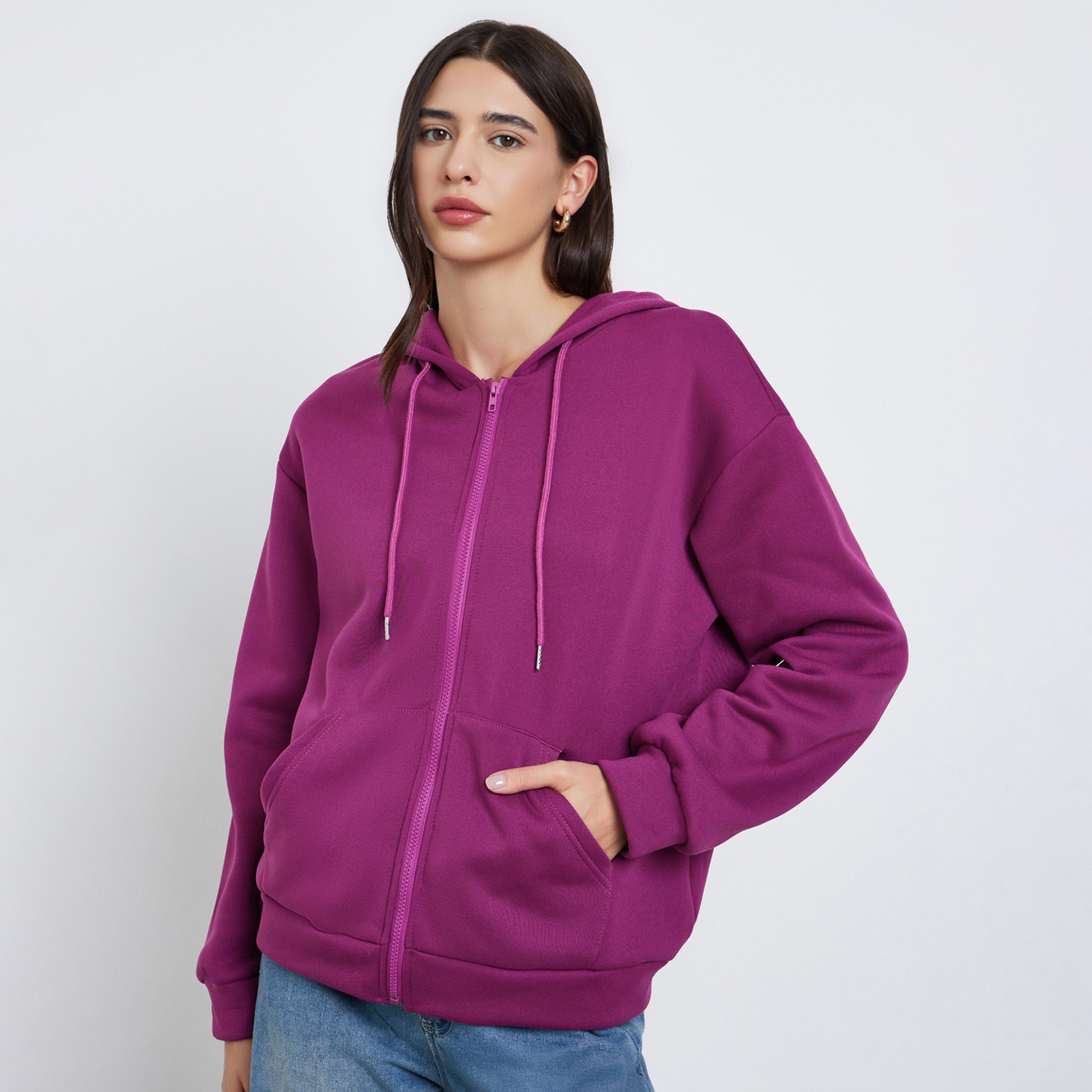 Styli Solid Hooded Neck Long Sleeves Women's Zip Through Sweatshirt-women-winterwear-coatsandjackets-jackets-image-1