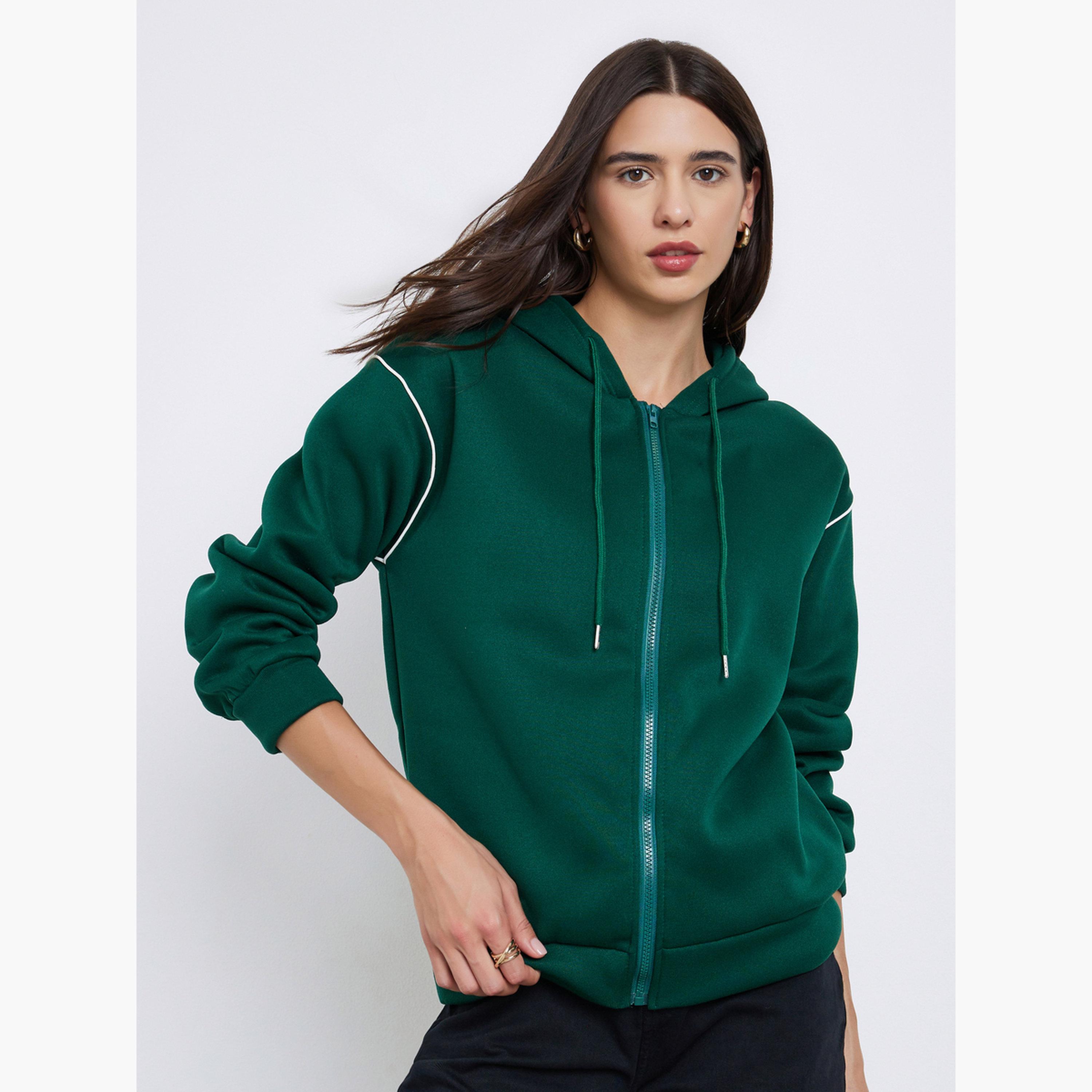Styli Plain Hooded Neck Long Sleeves Women's Zip Up Hoodie with Piping Detail-women-clothing-hoodiesandsweatshirts-hoodies-image-1