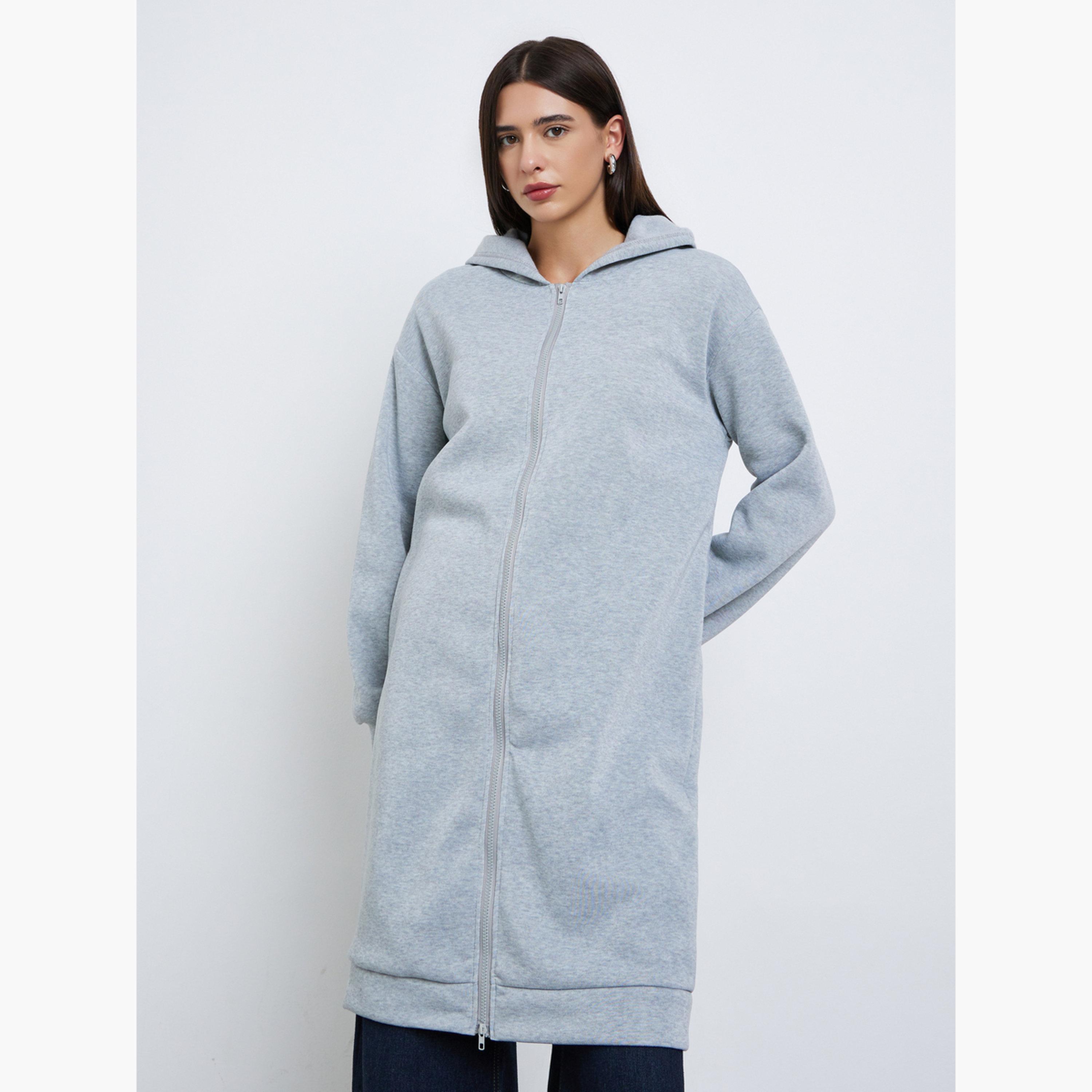 Styli Solid Hooded Neck Long Sleeves Women's Zip Through Longline Sweatshirt-women-winterwear-coatsandjackets-jackets-image-2
