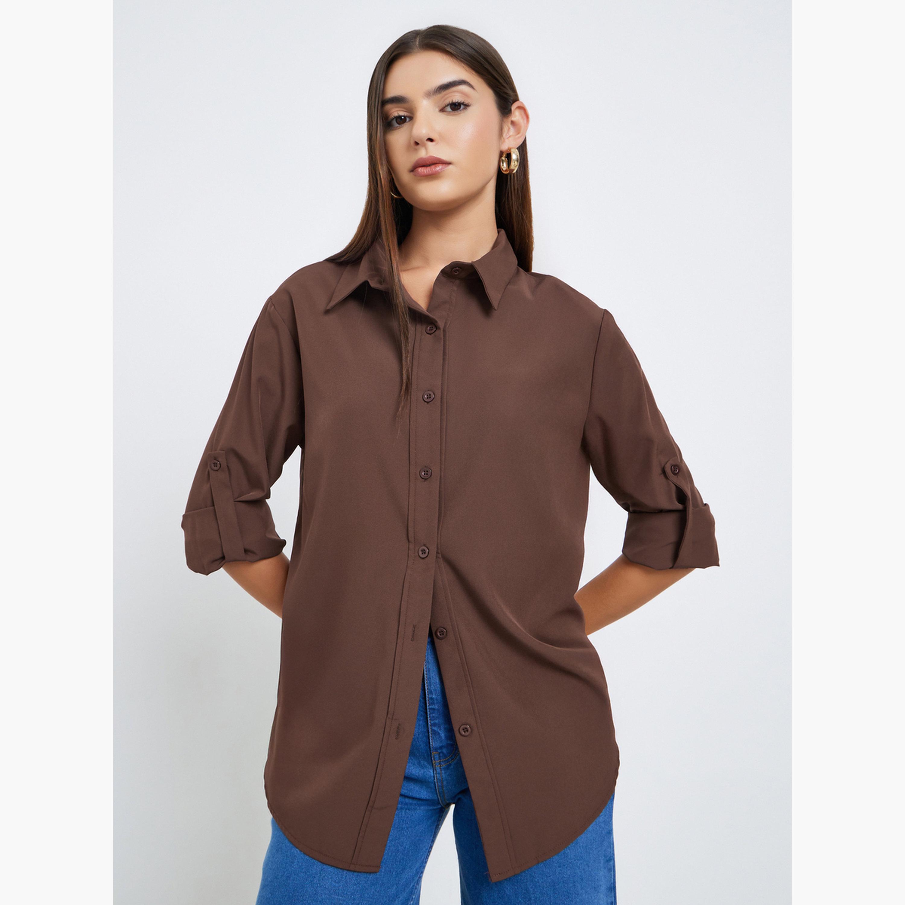 Styli Women Brown Roll-Up Sleeves Oversized Shirt-women-clothing-shirtsandblouses-shirts-image-1