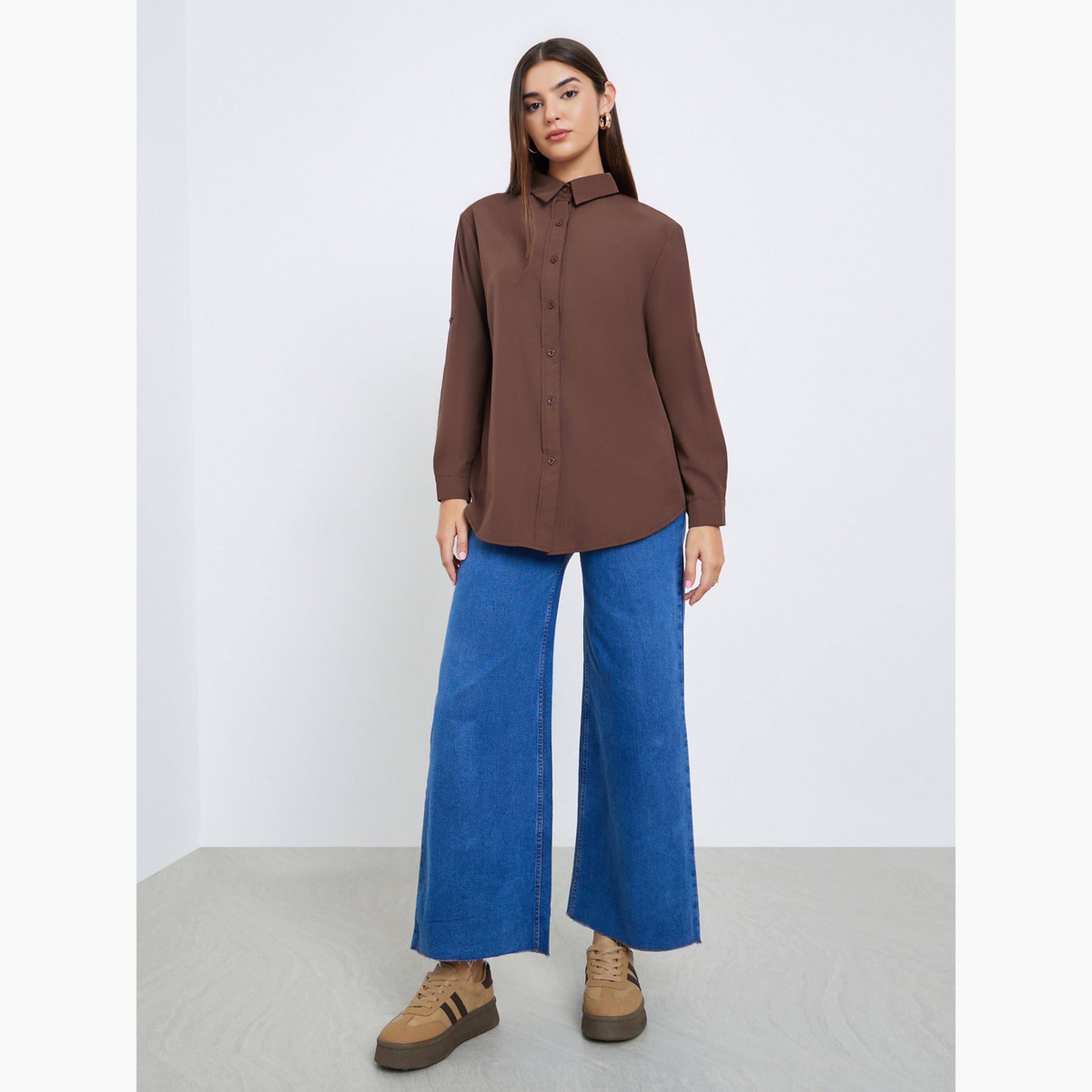 ستايلي - قميص بني بأكمام مطوية وتصميم واسع للنساء-women-clothing-shirtsandblouses-shirts-image-2