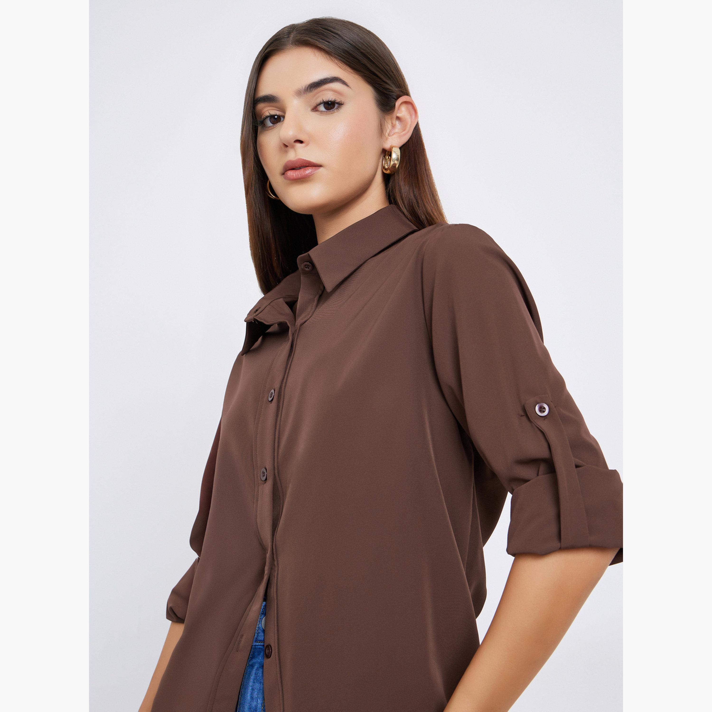 Styli Women Brown Roll-Up Sleeves Oversized Shirt-women-clothing-shirtsandblouses-shirts-image-3