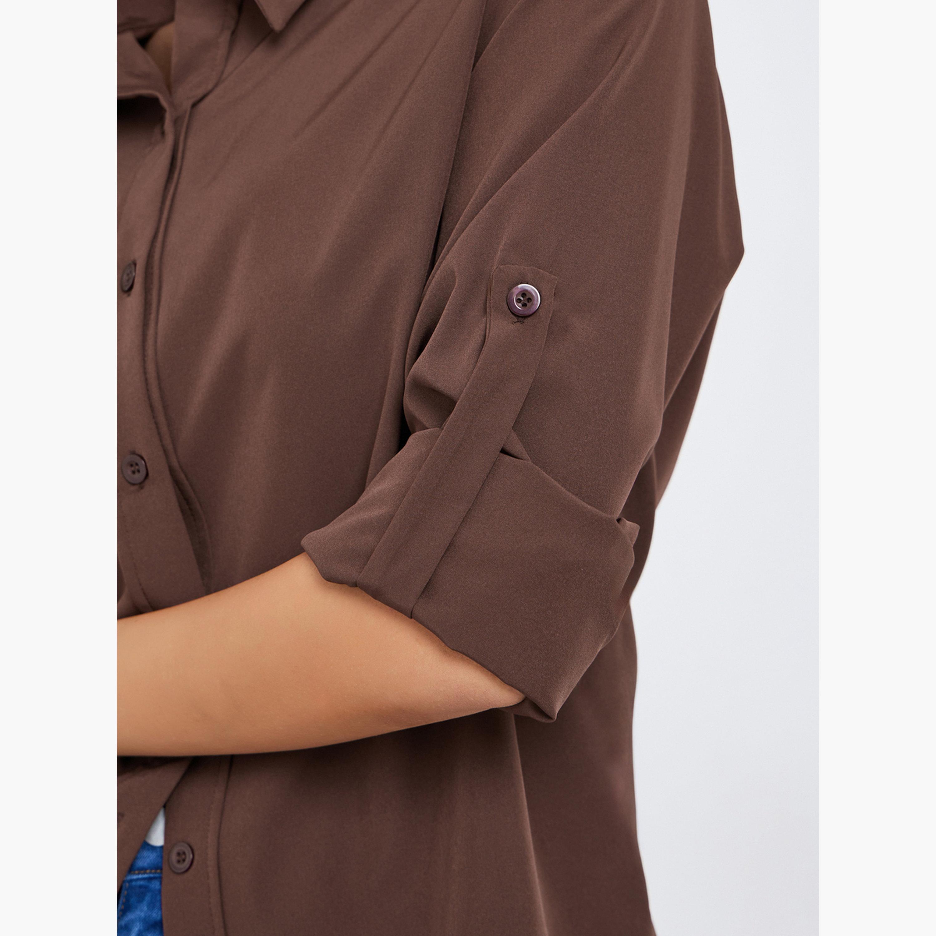 ستايلي - قميص بني بأكمام مطوية وتصميم واسع للنساء-women-clothing-shirtsandblouses-shirts-image-4