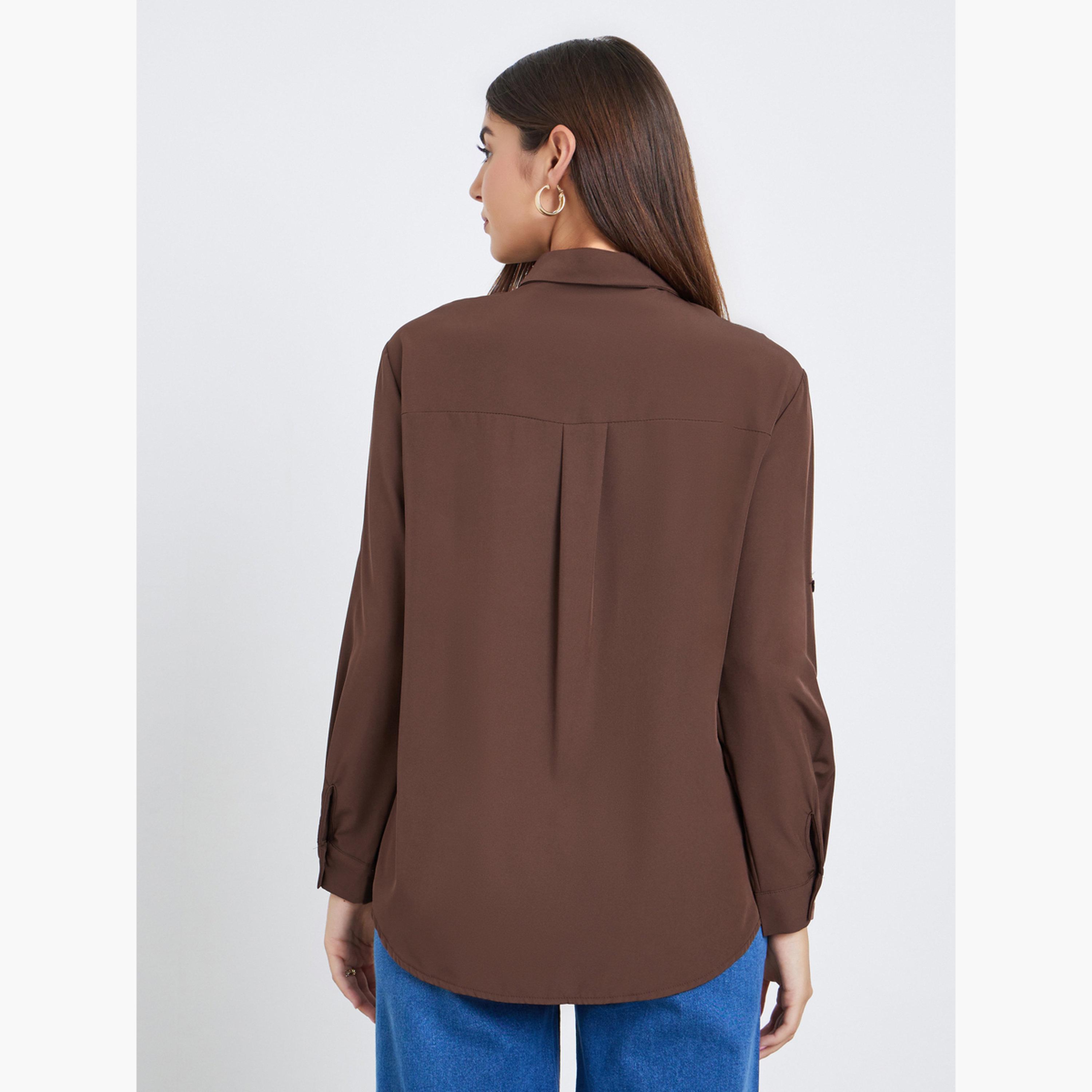 Styli Women Brown Roll-Up Sleeves Oversized Shirt-women-clothing-shirtsandblouses-shirts-image-5