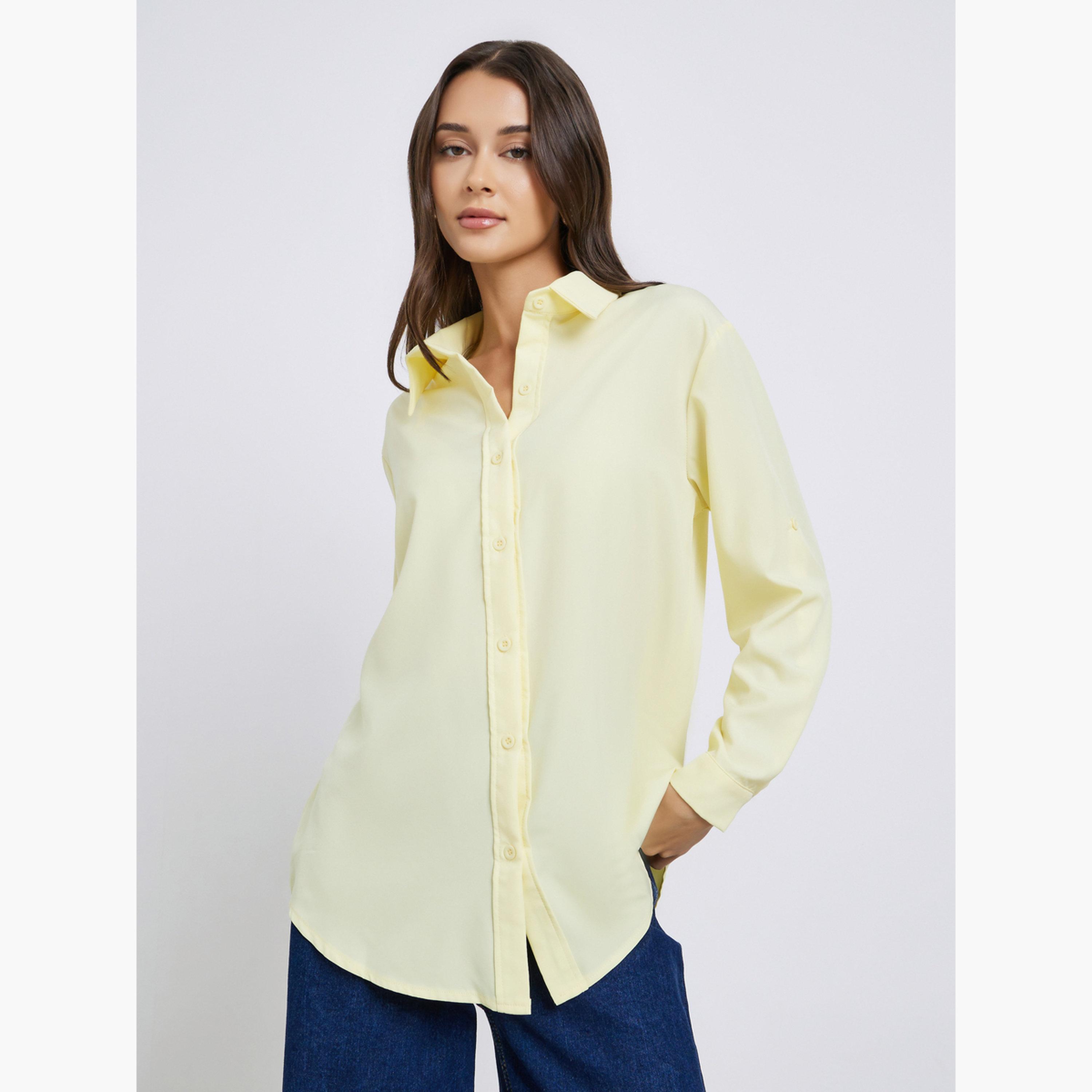 Styli Women Yellow Button-Down Oversized Shirt-women-clothing-shirtsandblouses-shirts-image-1
