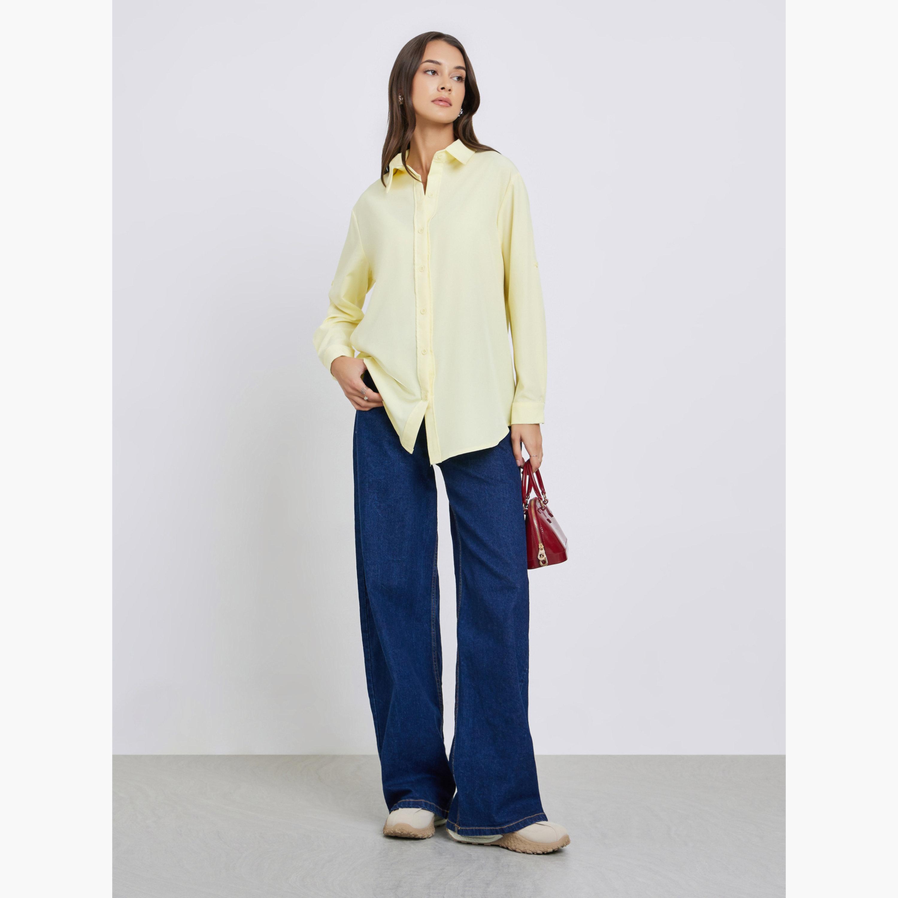 Styli Women Yellow Button-Down Oversized Shirt-women-clothing-shirtsandblouses-shirts-image-2