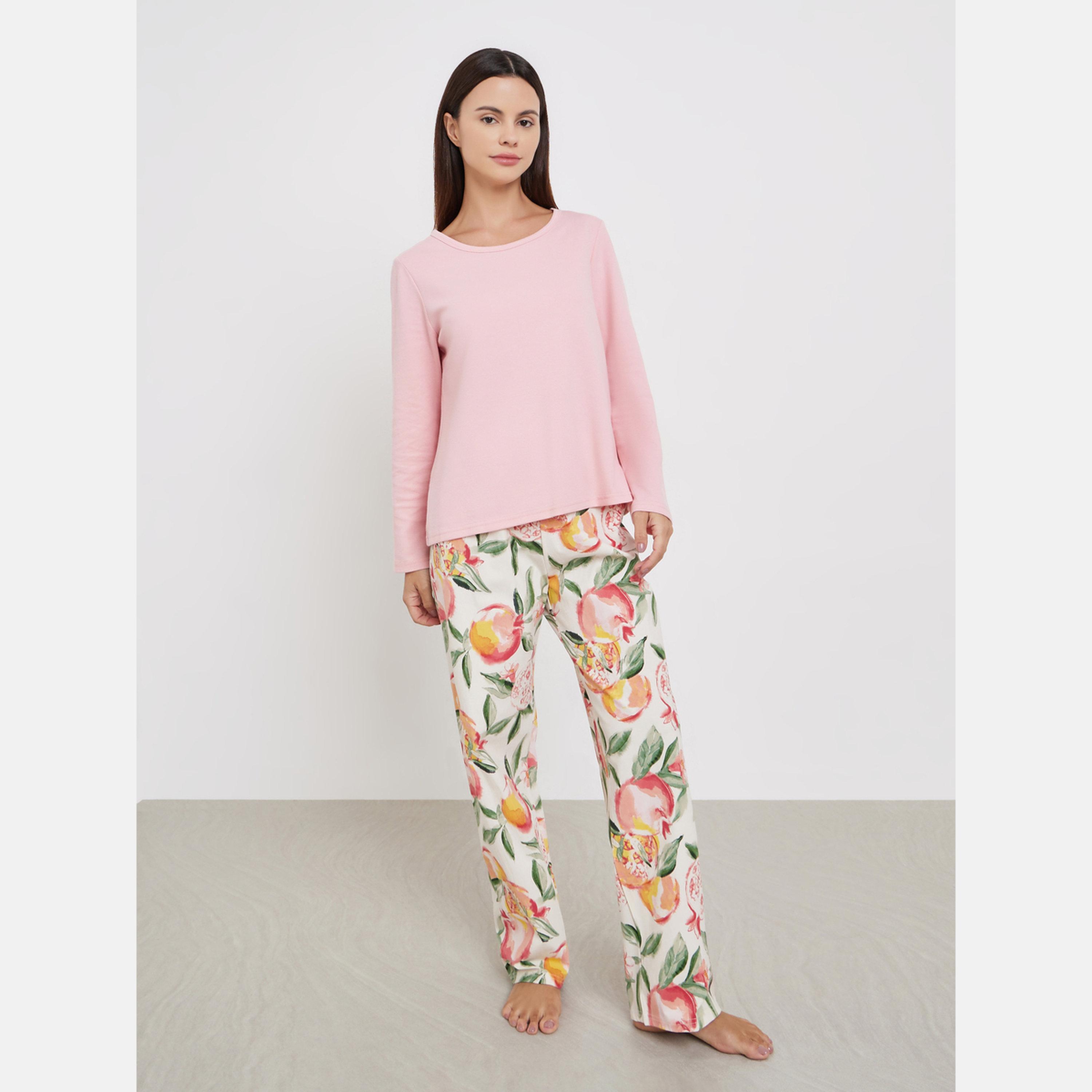 Styli Solid T-Shirt and Floral Print Pyjama Set-women-clothing-nightwear-pyjamas-longsets-image-1