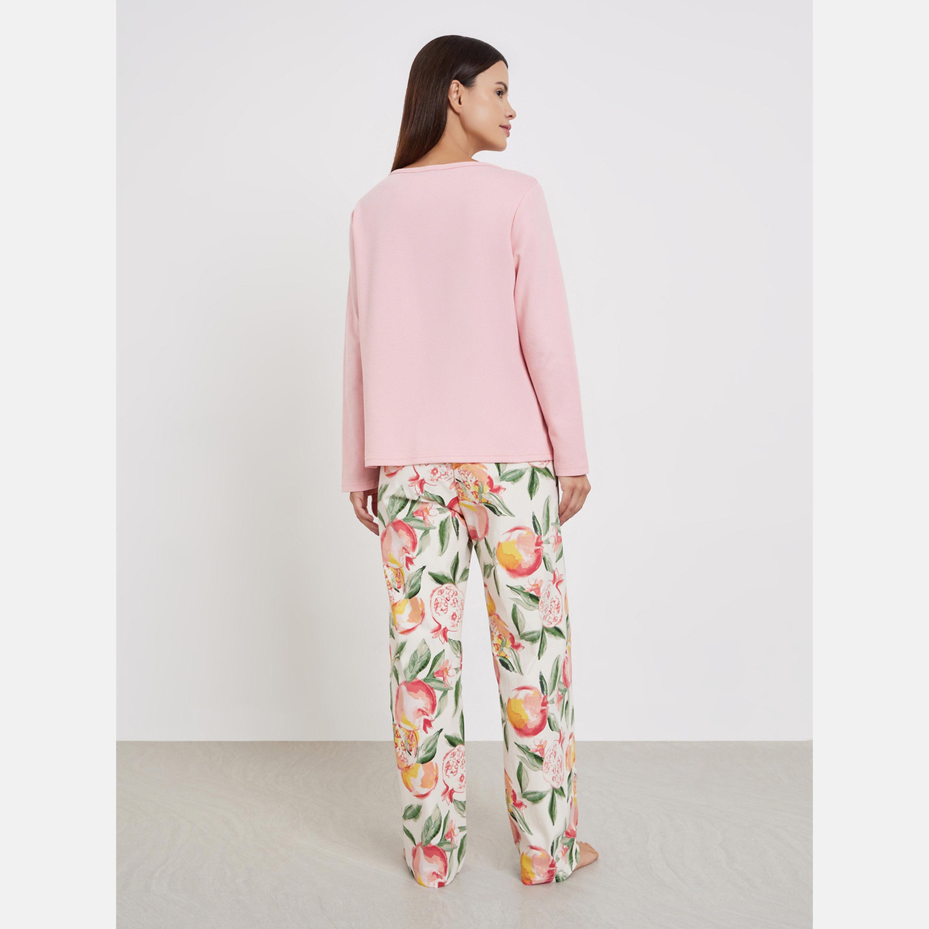 ستايلي - بيجاما بطبعة زهور وتي شيرت سادة-women-clothing-nightwear-pyjamas-longsets-image-5