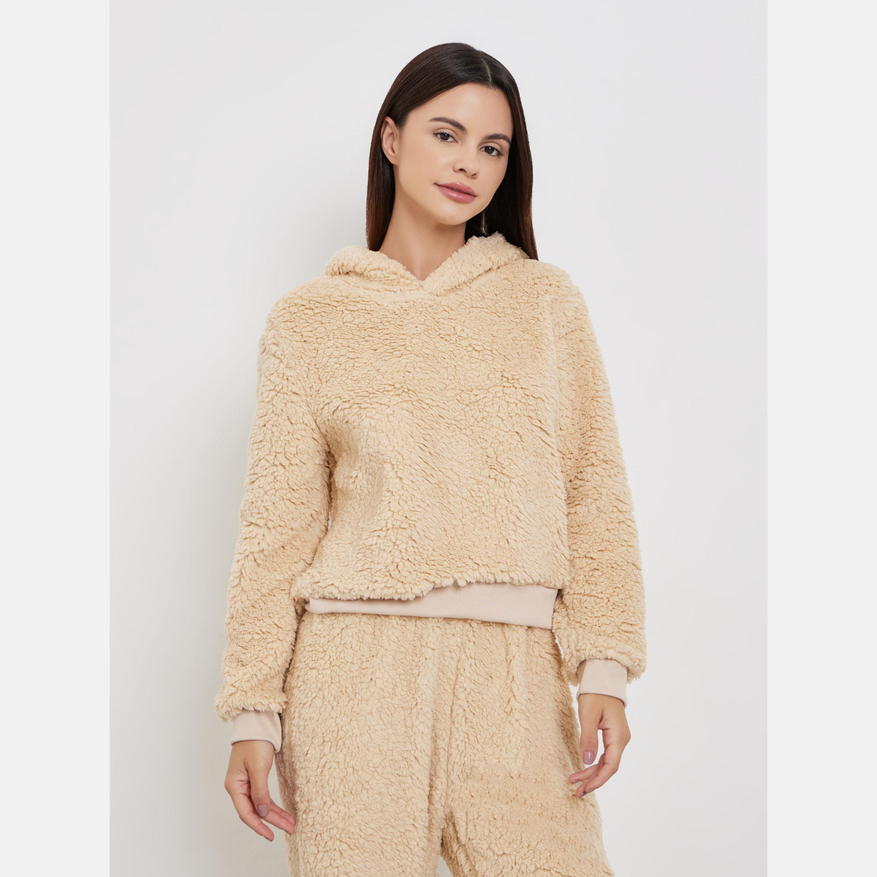 Styli Beige Fleece Hoodie and Long Pyjama Set-women-clothing-nightwear-pyjamas-longsets-image-2