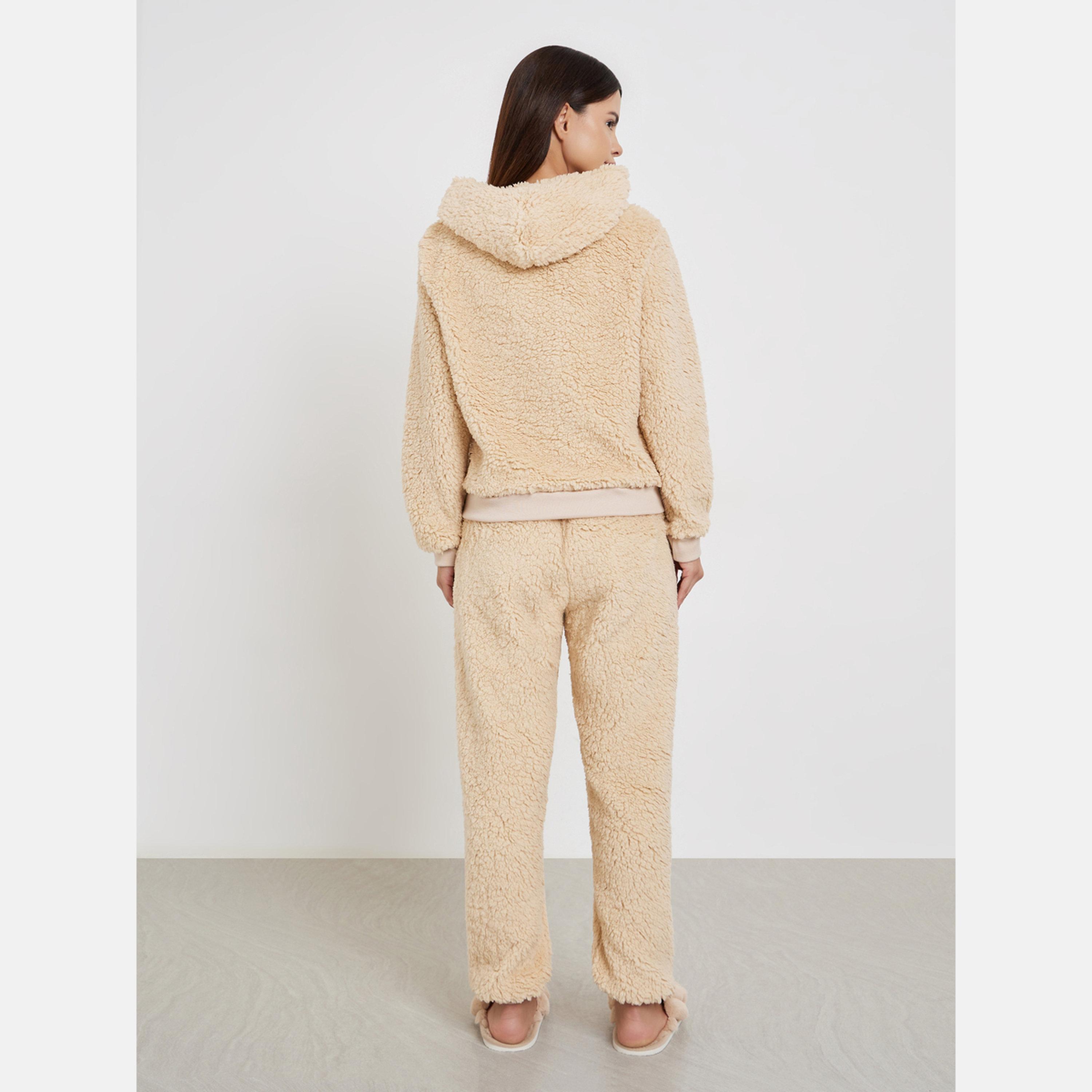 Styli Beige Fleece Hoodie and Long Pyjama Set-women-clothing-nightwear-pyjamas-longsets-image-5