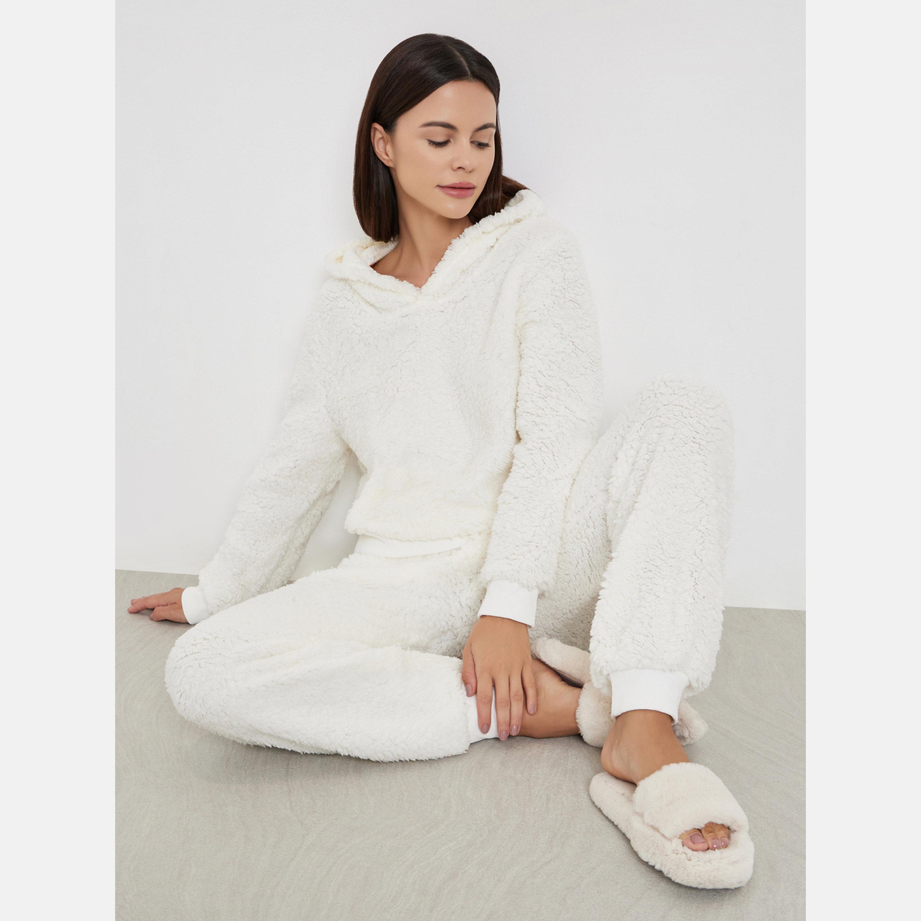 Styli White Fleece Hoodie and Long Pyjama Set-women-clothing-nightwear-pyjamas-longsets-image-2