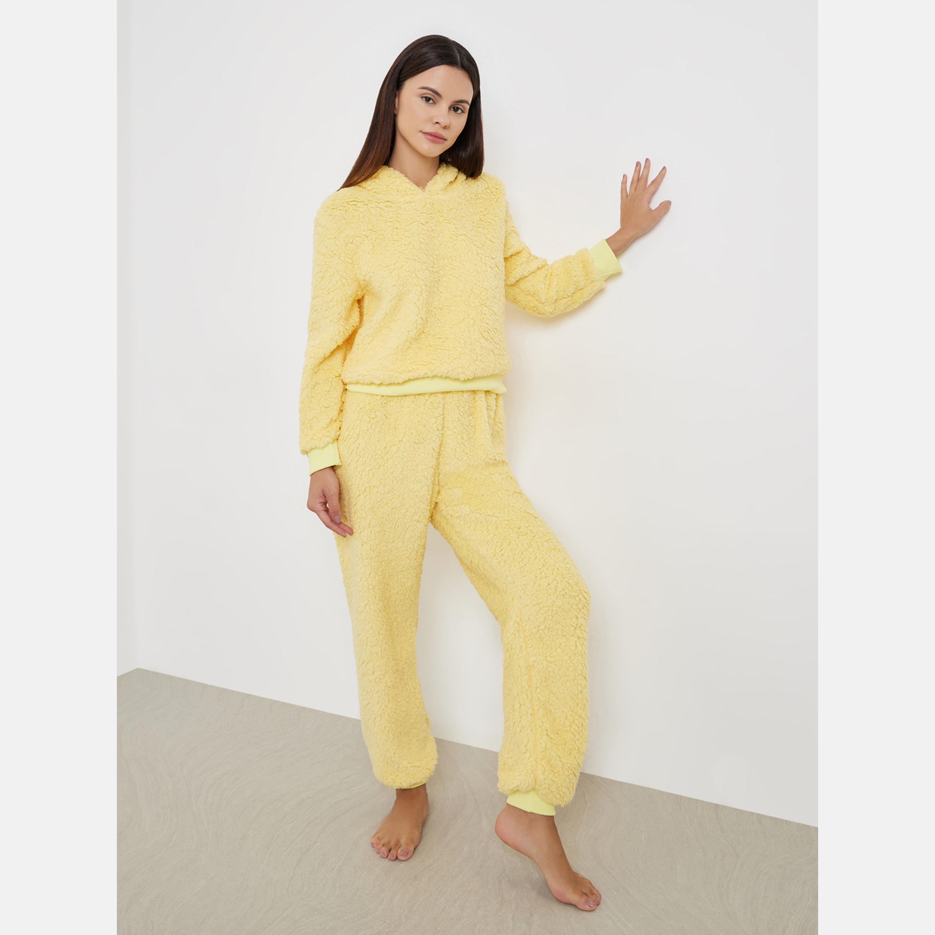 Styli Yellow Fleece Hoodie and Long Pyjama Set-women-clothing-nightwear-pyjamas-longsets-image-1