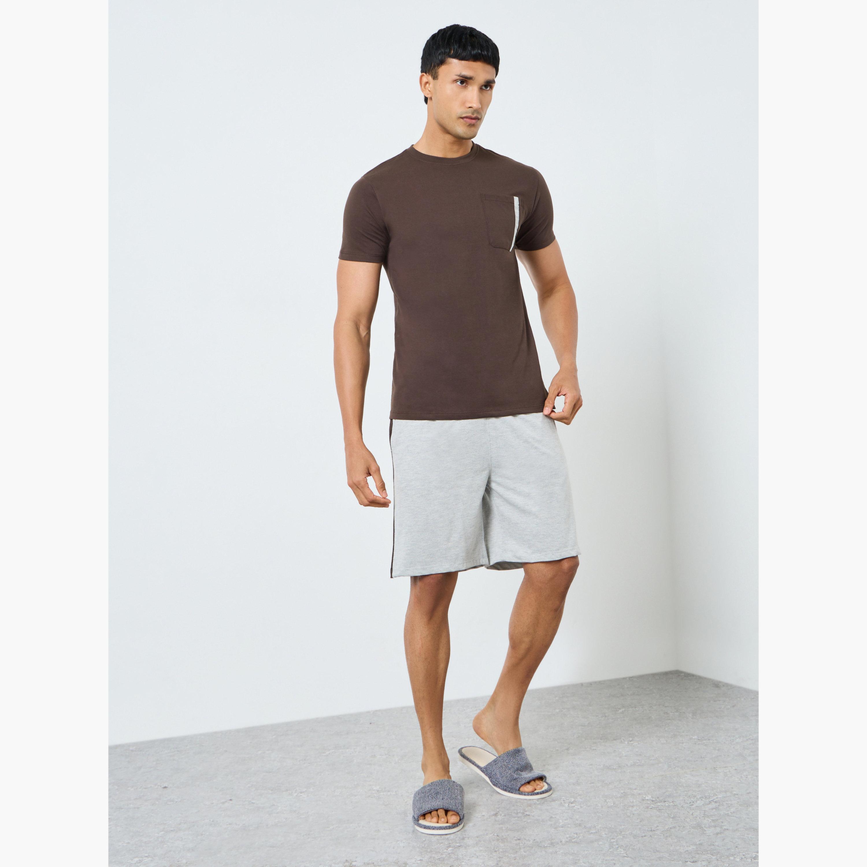 Styli Men Grey Knitted T-Shirt and Shorts Pyjama Set-men-clothing-nightwear-sets-image-1