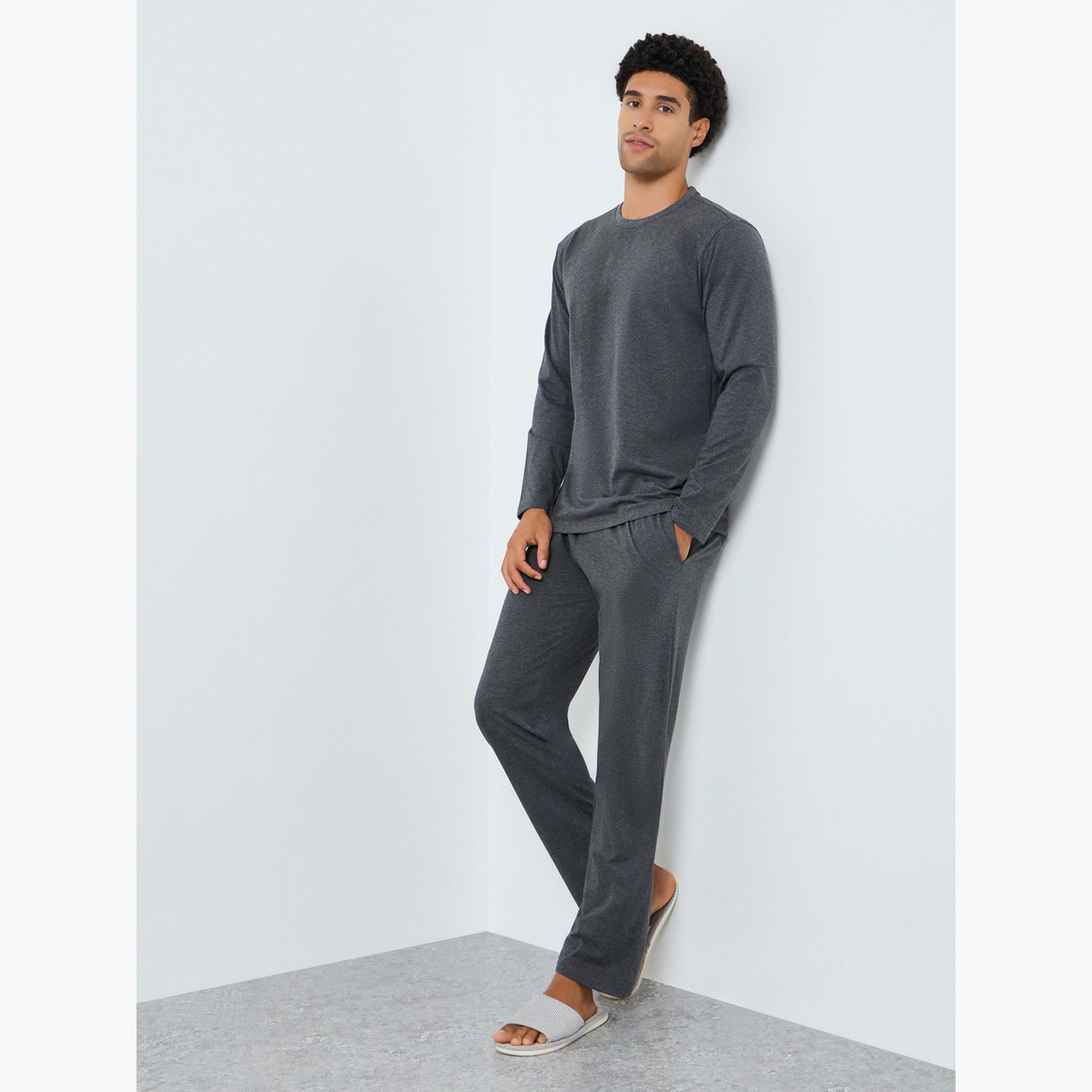 Styli Men Charcoal Long Sleeve T-Shirt and Pyjama Set-men-clothing-nightwear-sets-image-1