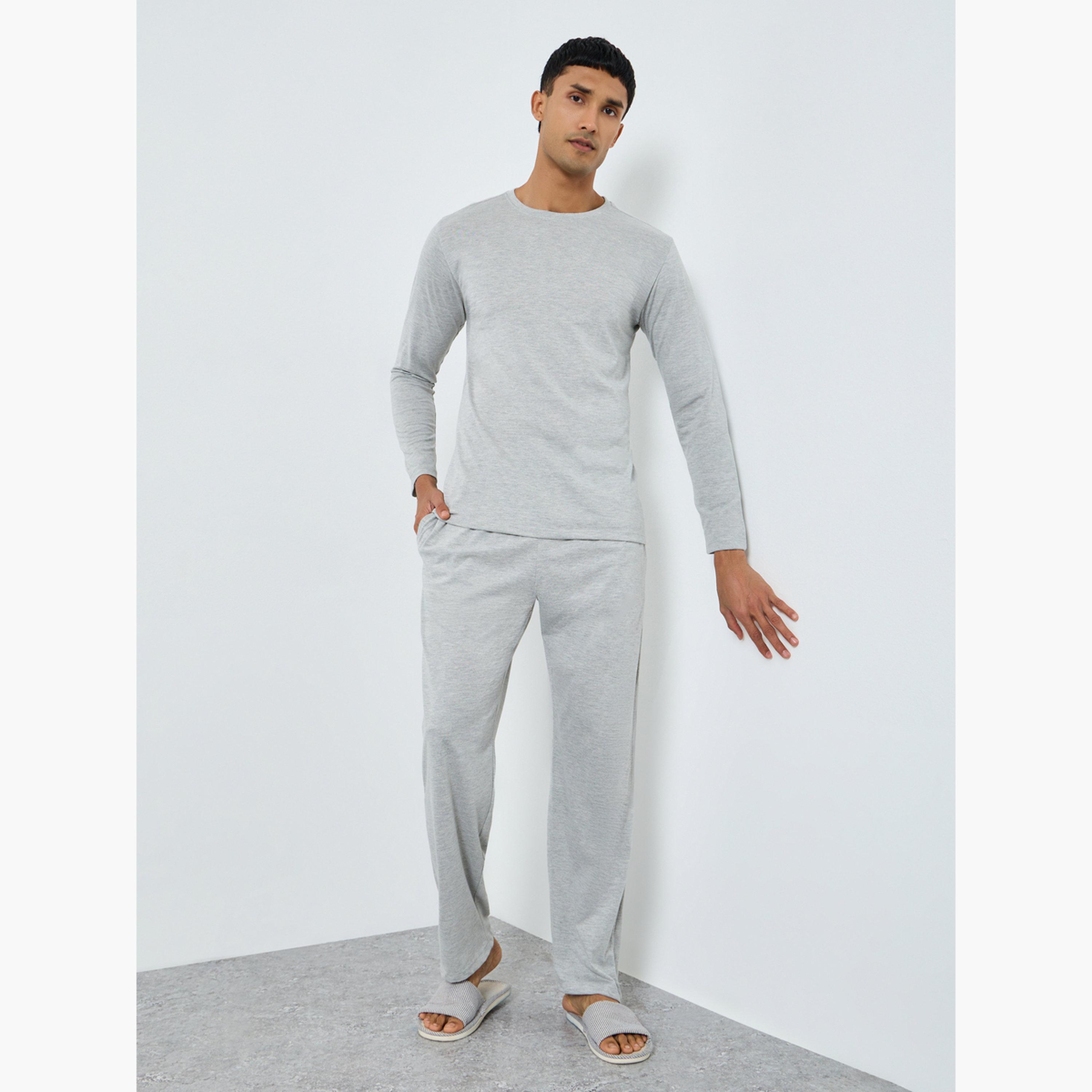 Styli Men Grey Long Sleeve T-Shirt and Pyjama Set-men-clothing-nightwear-sets-image-1