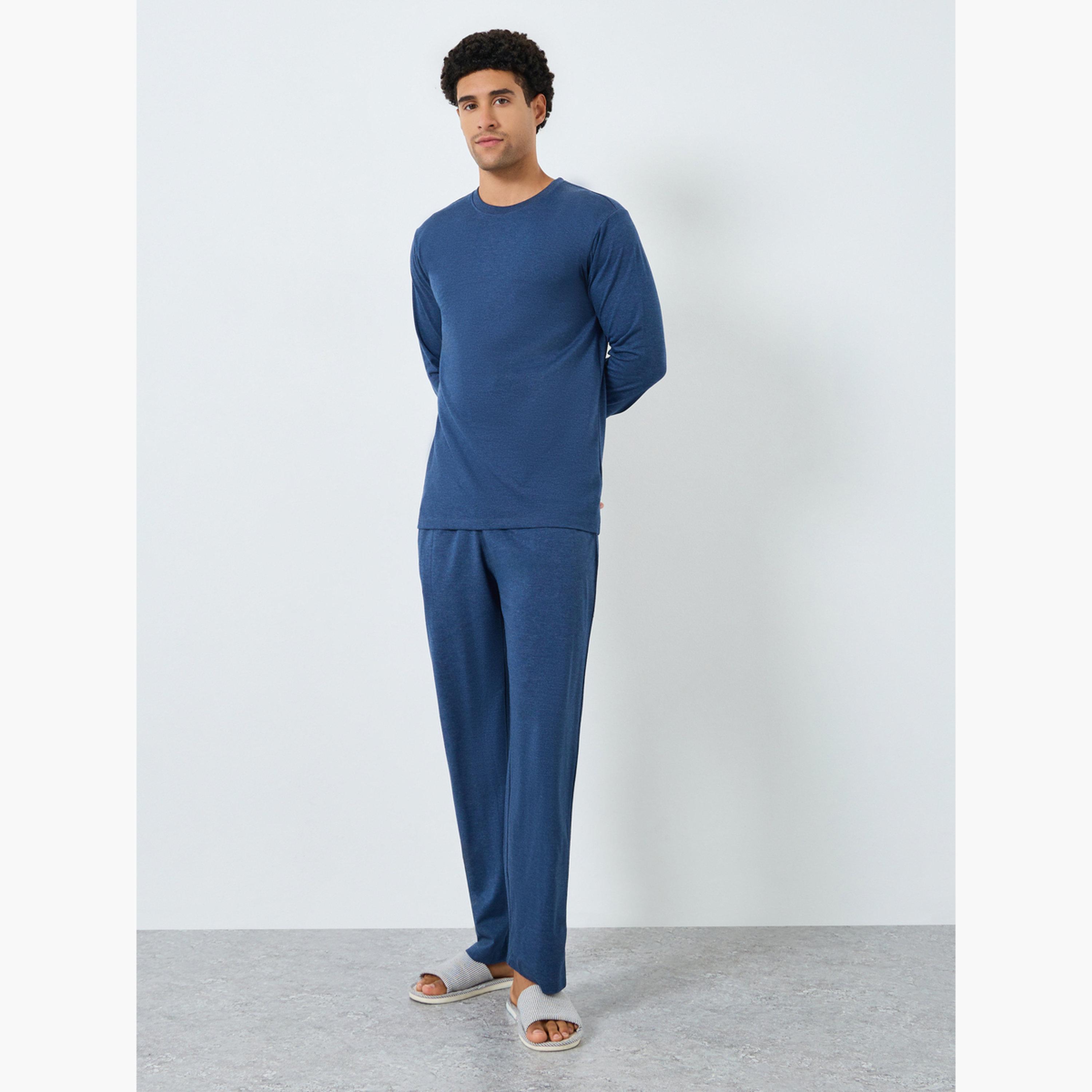 Styli Men Navy Long Sleeve T-Shirt and Pyjama Set-men-clothing-nightwear-sets-image-1