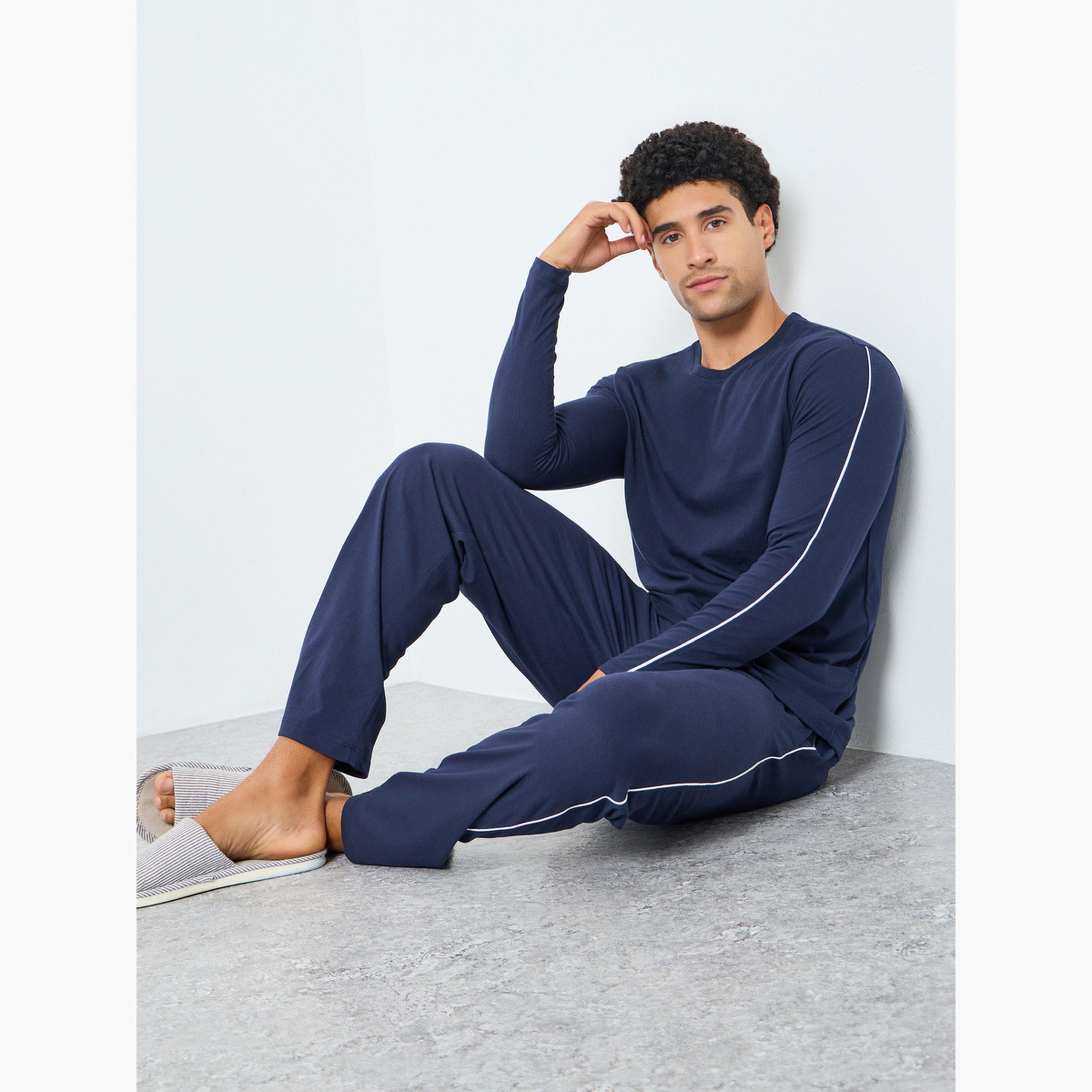 Styli Men Solid Long Sleeves T-Shirt and Pyjama Set-men-clothing-nightwear-sets-image-2