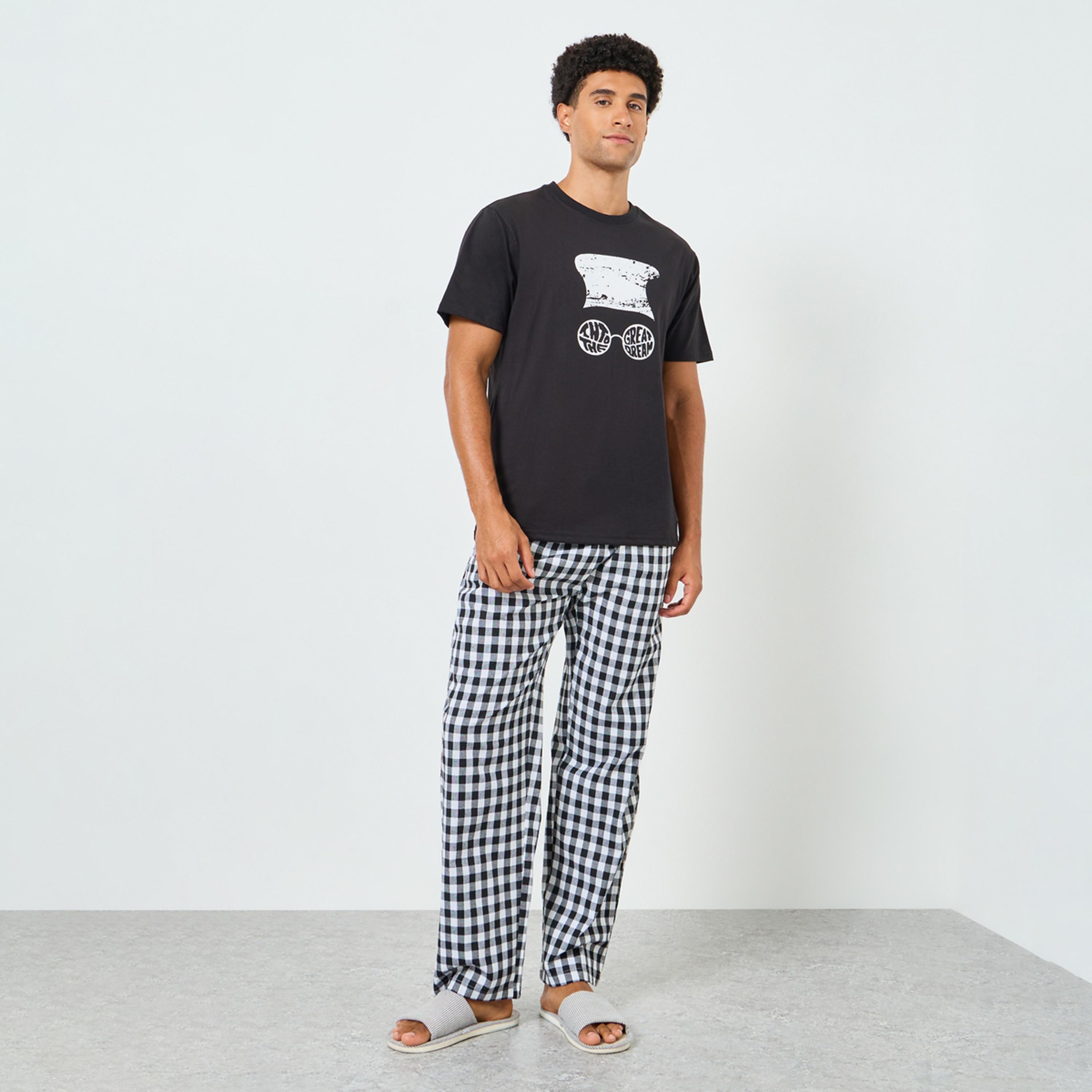 Styli Men Graphic Print T-Shirt and Checked Pyjama Set-men-clothing-nightwear-sets-image-1