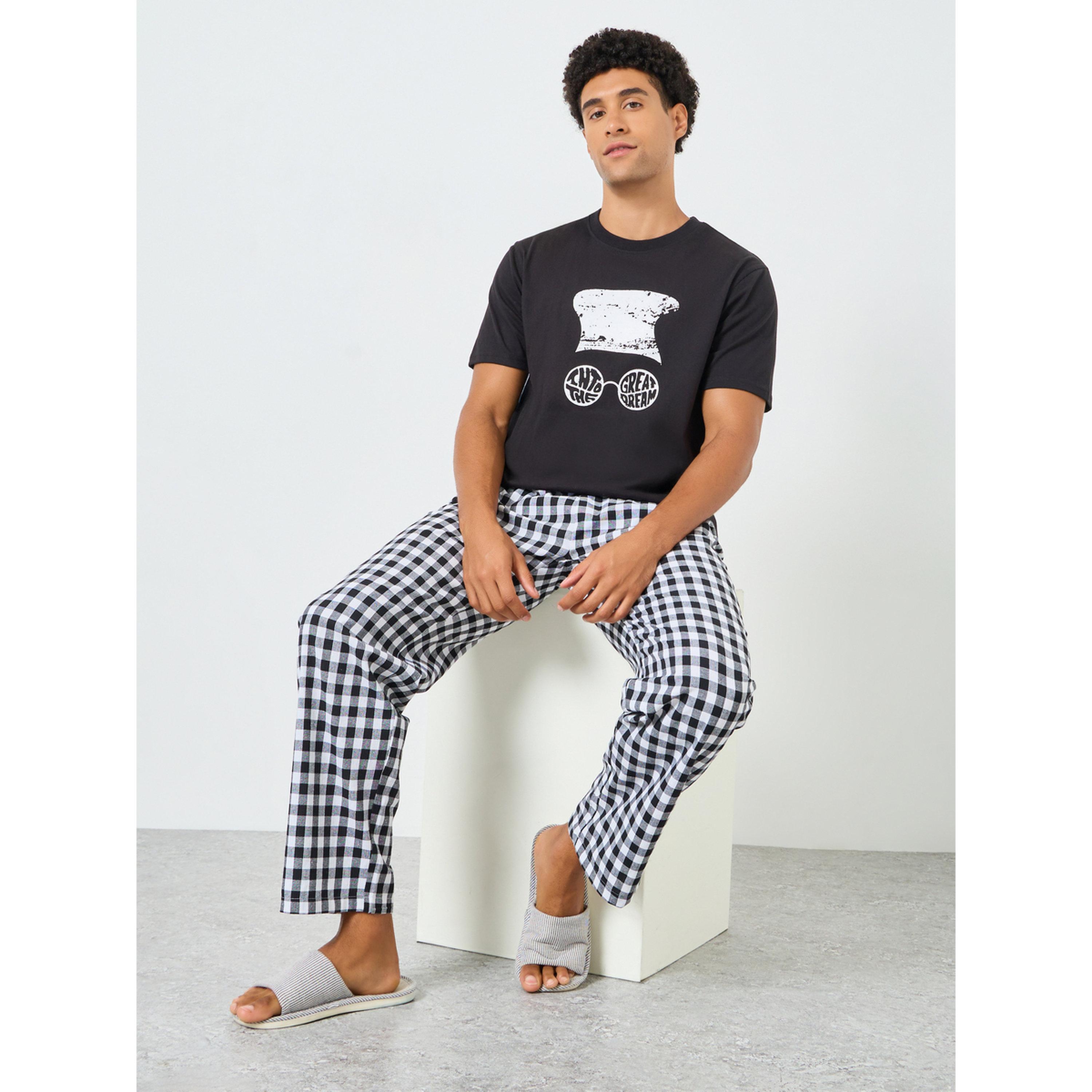 Styli Men Graphic Print T-Shirt and Checked Pyjama Set-men-clothing-nightwear-sets-image-2