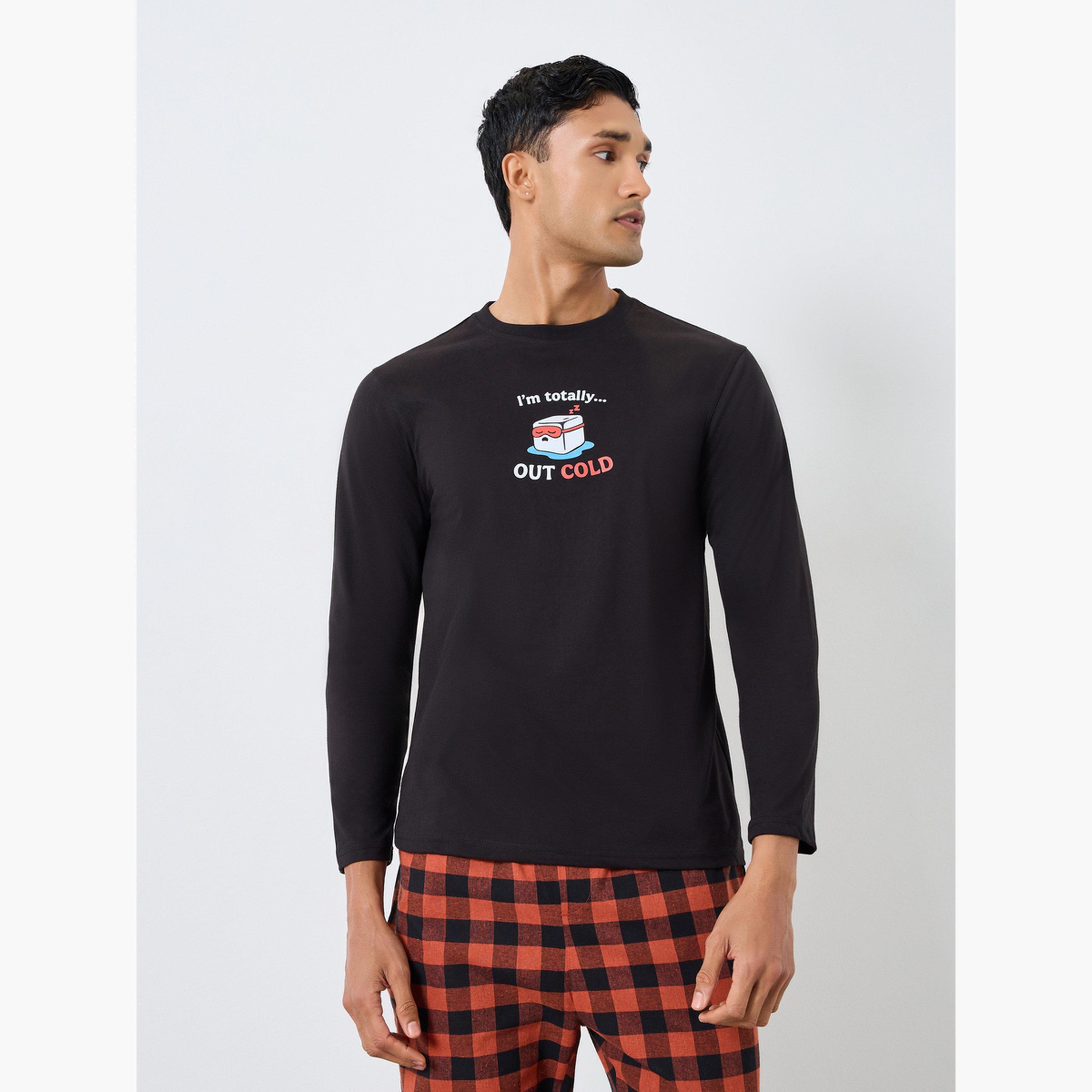 Styli Men Black Printed T-Shirt and Checked Pyjama Set-men-clothing-nightwear-sets-image-2